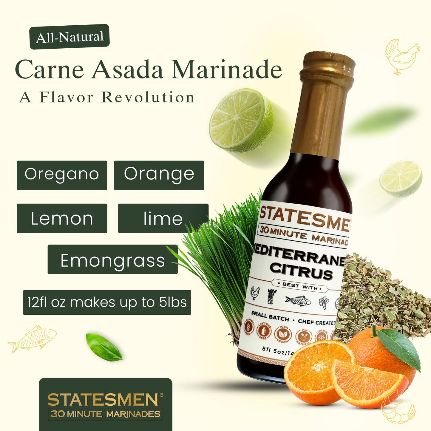 Statesmen Mediterranean Citrus 30 Minute Marinade, 5 oz - Gluten-Free, Vegan, Lactose-Free Herb & Citrus Marinade for Chicken, Fish, Shrimp