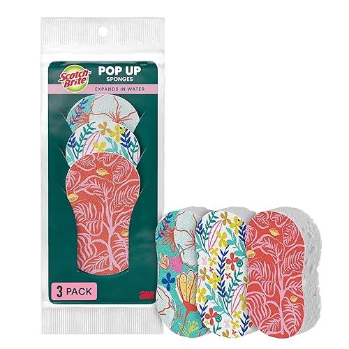 Scotch-Brite Pop Up Kitchen Sponges, Unique Compressed Kitchen Sponge for Cleaning Gently, Floral Pattern Dish Scrubber that Expands with Water, 3