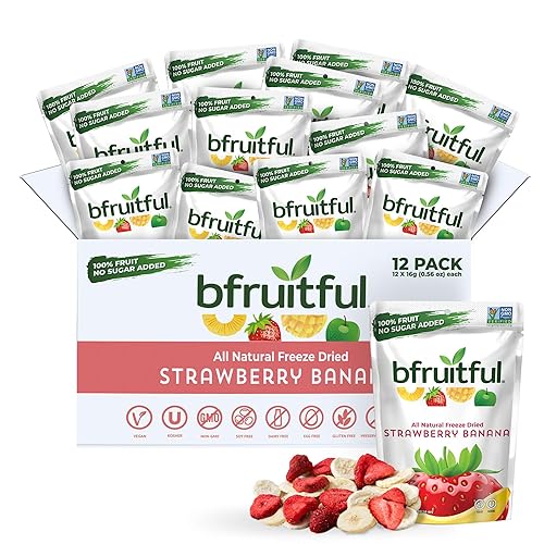 bfruitful Freeze-Dried Strawberry Banana, Freeze Dried Fresh Fruit Bites, Gluten Free, Vegan, Dairy Free, Kosher, No Sugar Added, Non GMO, Healthy