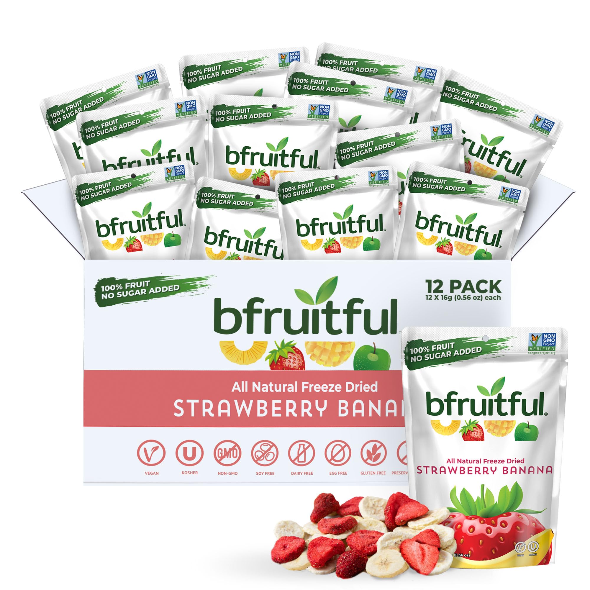 bfruitful Freeze-Dried Strawberry Banana, Freeze Dried Fresh Fruit Bites, Gluten Free, Vegan, Dairy Free, Kosher, No Sugar Added, Non GMO, Healthy