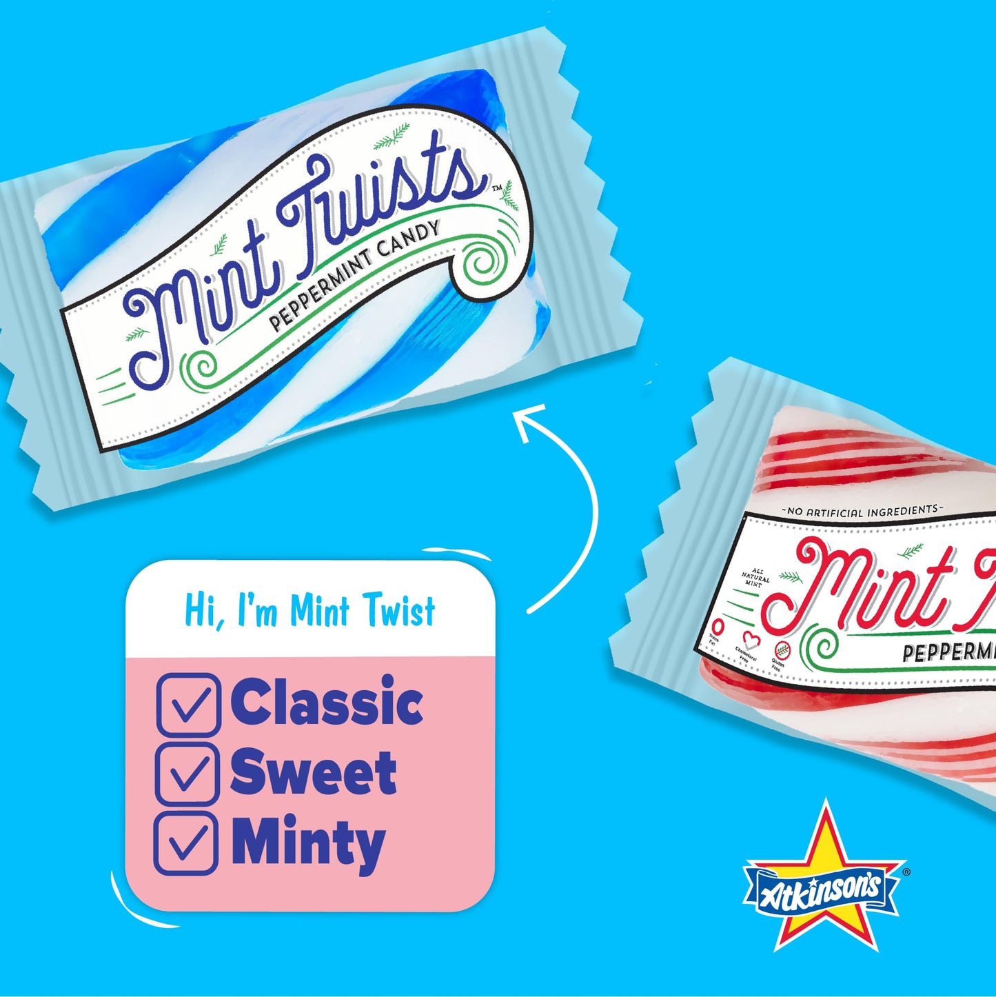 Atkinson's Jumbo Mint Twists - Peppermint Red & White Candy - Gluten Free, Kosher, Vegan - 0.7 oz. Candy Sticks - 52 Piece Jar