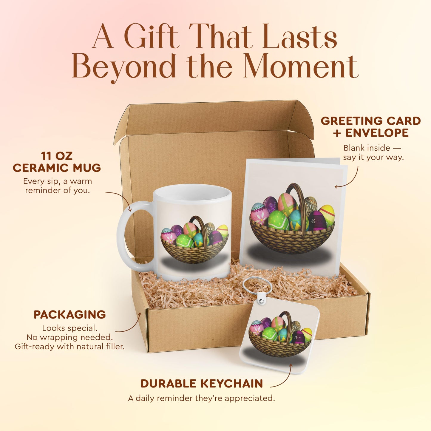 3dRose Easter Basket Gift Set with Mug, Card, and Keychain - Colorful Eggs for Kids and Families - Perfect for Easter Celebration and Springtime
