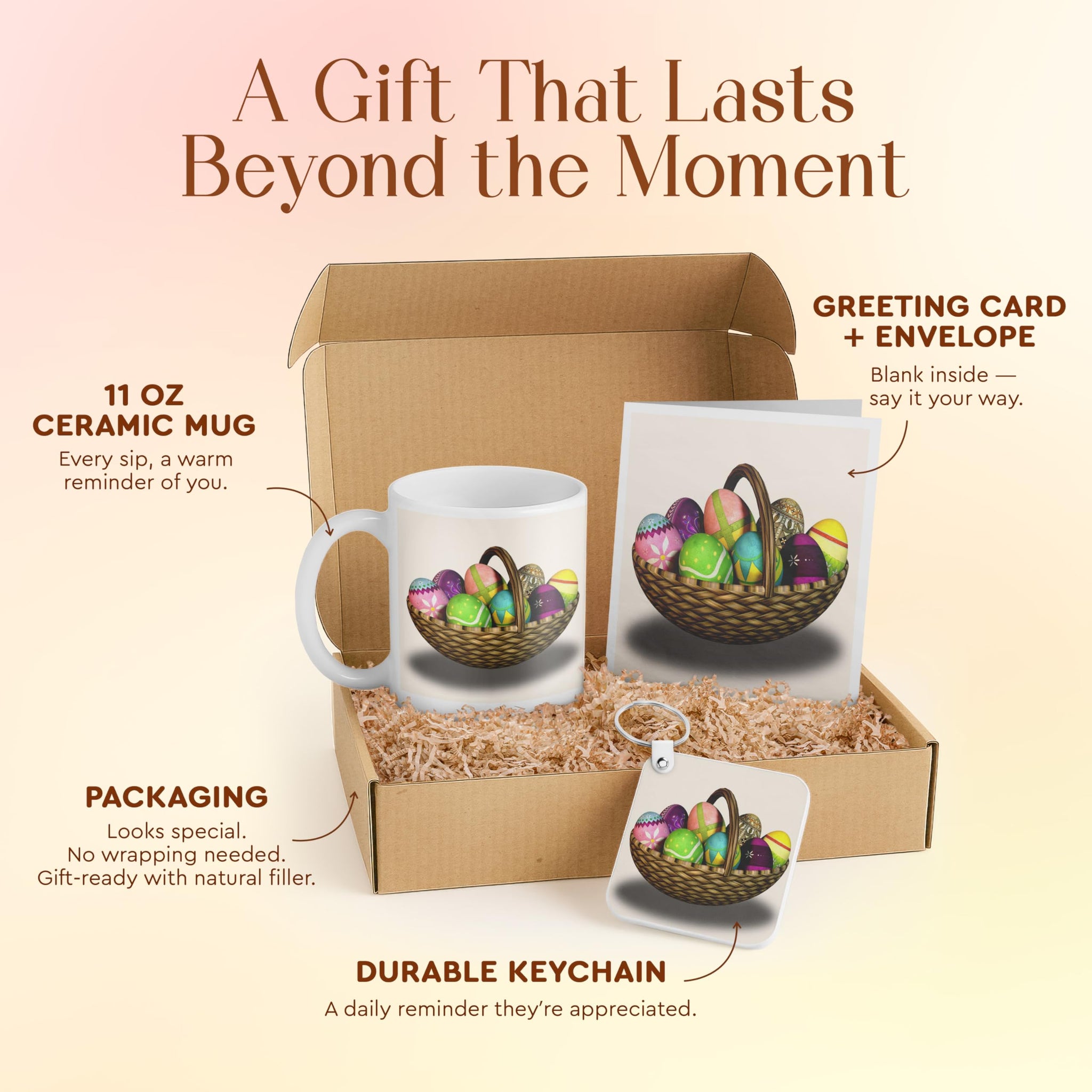 3dRose Easter Basket Gift Set with Mug, Card, and Keychain - Colorful Eggs for Kids and Families - Perfect for Easter Celebration and Springtime
