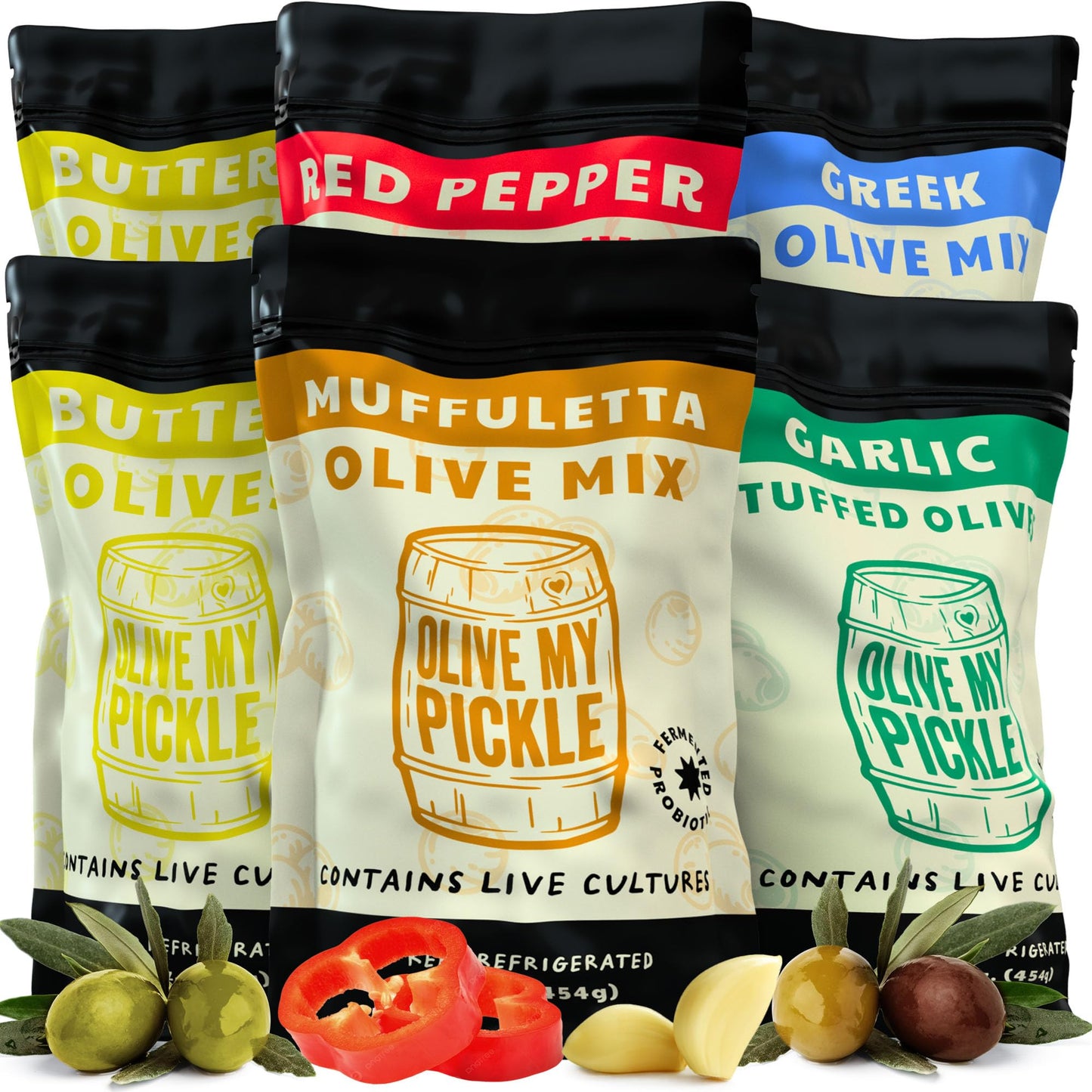 Olive My Pickle Live Culture Probiotic Mixed Olives - 6 Pack Olives Individual Packs of Butter Green Pitted Olives, Red Pepper & Garlic Stuffed Green