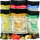 Olive My Pickle Live Culture Probiotic Mixed Olives - 6 Pack Olives Individual Packs of Butter Green Pitted Olives, Red Pepper & Garlic Stuffed Green