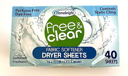 Homebright Free & Clear Fabric Softener Dryer Sheets, Perfume Free, Dye Free, Controls Static Cling, 40 Sheets