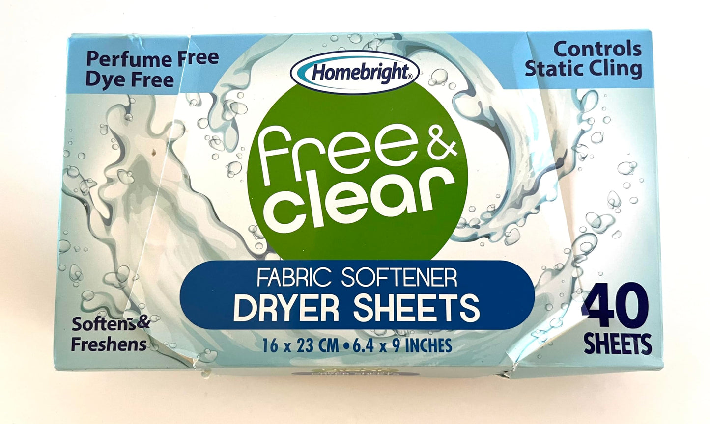 Homebright Free & Clear Fabric Softener Dryer Sheets, Perfume Free, Dye Free, Controls Static Cling, 40 Sheets