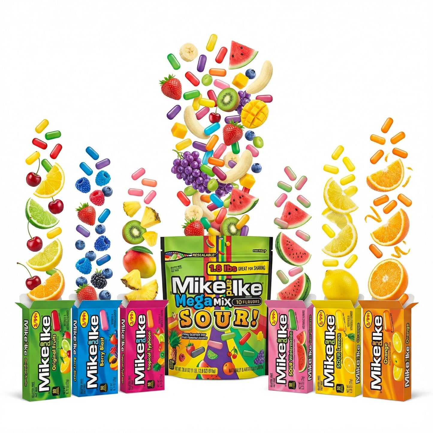 Mike and Ike Sour Theatre Box Variety Pack - 1x Mega Mix Sour 28.8oz + 6x Changemakers (Mixed flavors) + 1x Thank You Card - Candy Variety Pack, Bulk