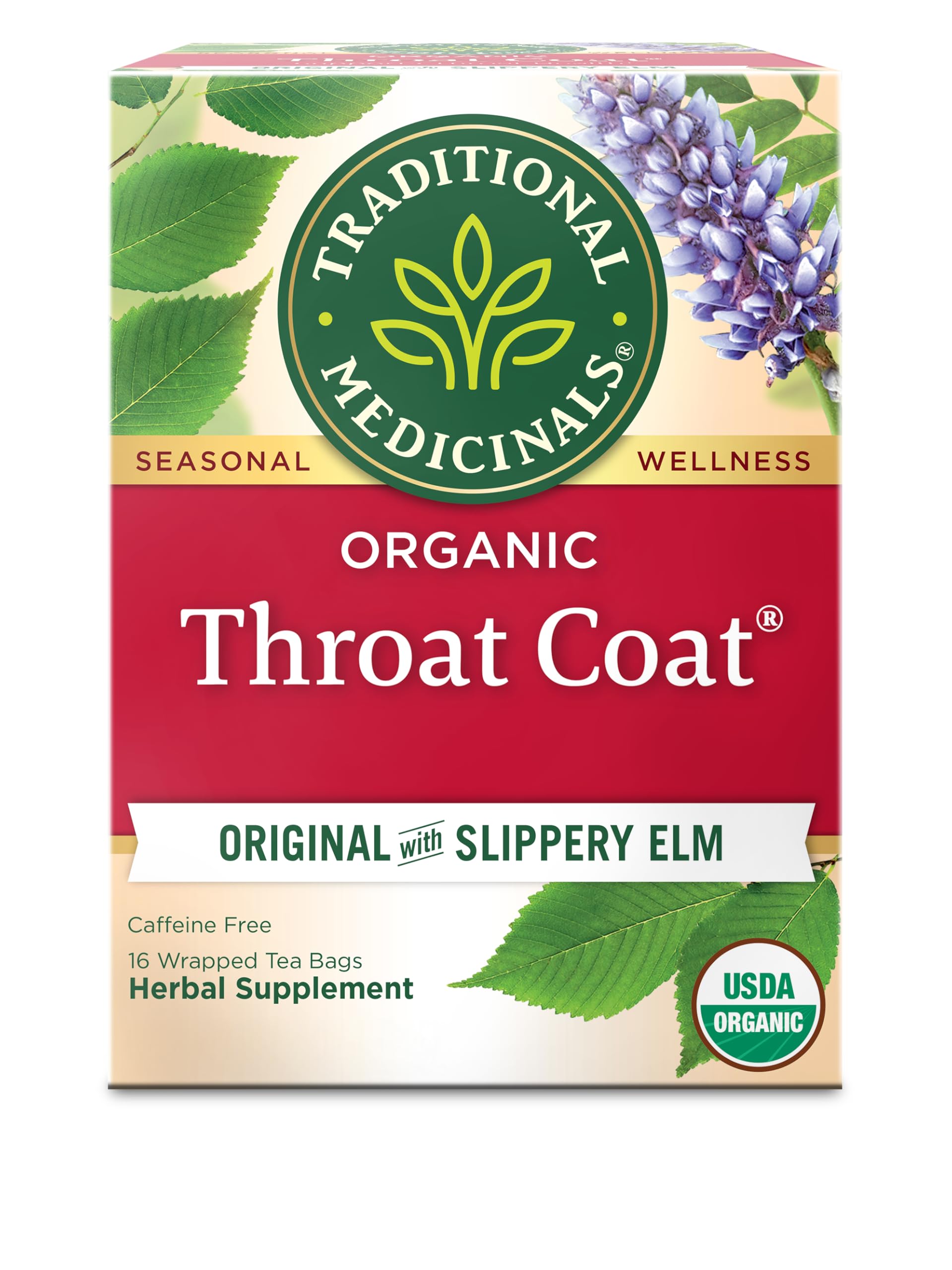 Traditional Medicinals Organic, Throat Coat Tea, Original with Slippery Elm - Supports Throat Health - Kosher, Non-GMO, Caffeine-Free, Compostable