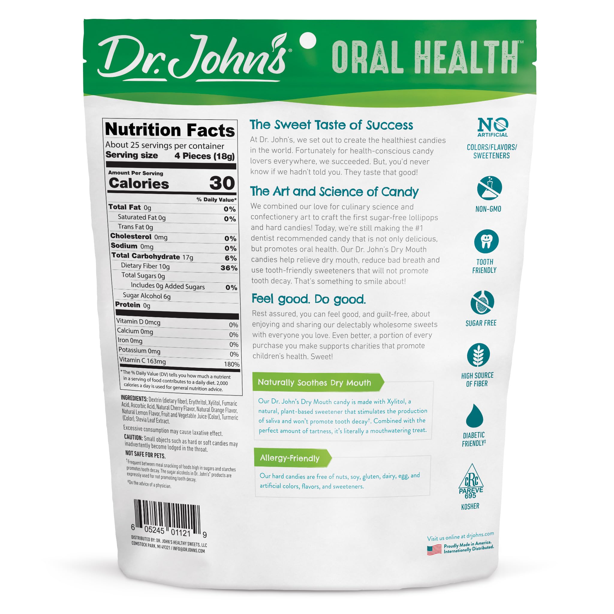 Dr. John's Candies Dry Mouth Drops Lemon, Orange, & Tart Cherry with Zero Sugar, Dye-Free, Plant Based, Keto Friendly, 100 Count, 1 LB Bag