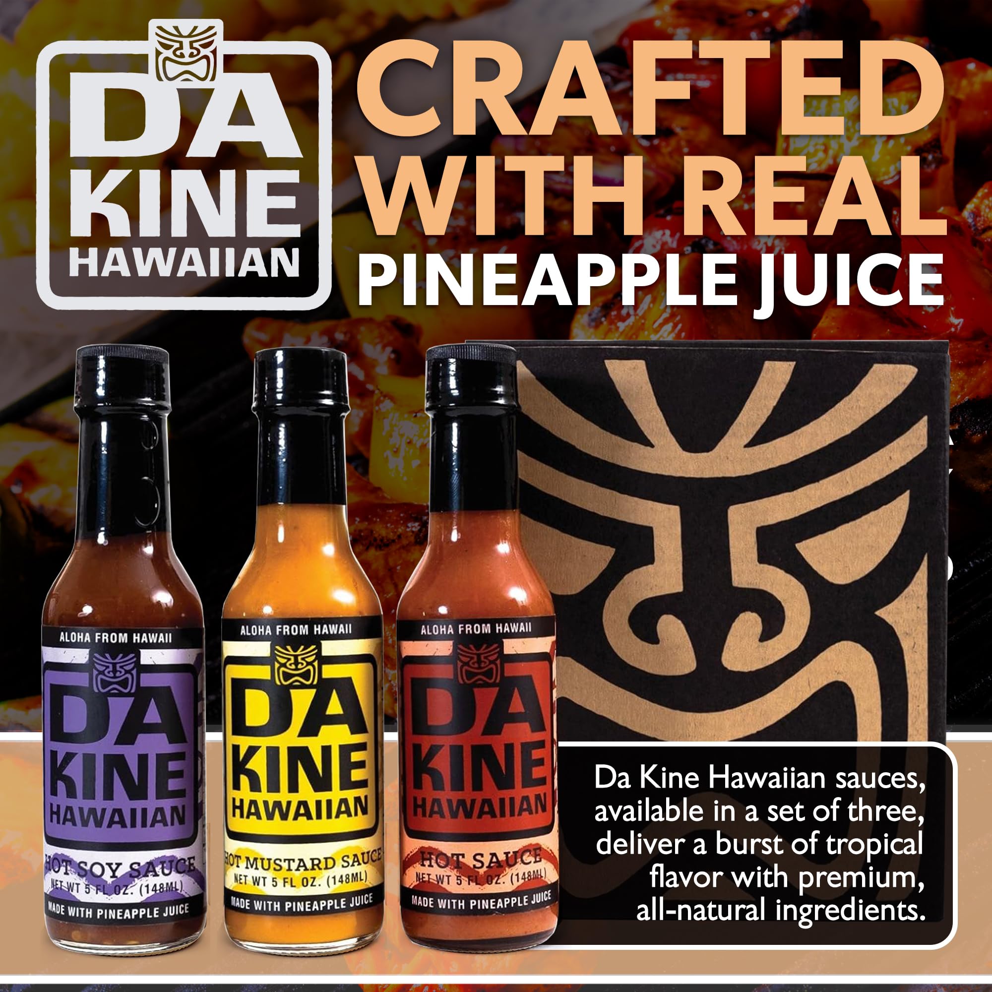 Da Kine Hawaiian Hot Sauce Sampler - Hot Soy, Mustard & Classic - Made with Pineapple Juice for Meat Tenderizing, Ideal for Marinades and Dipping