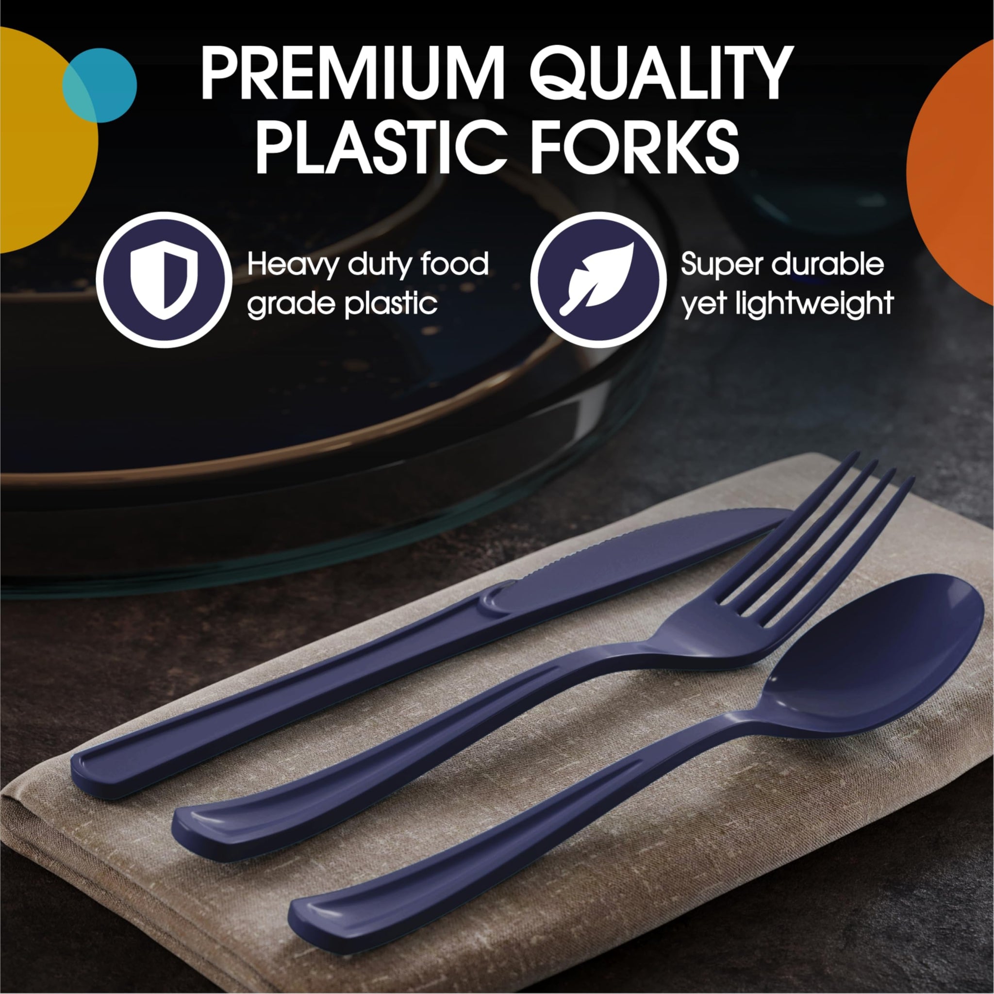 Party Solids Navy Plastic Silverware Heavy Duty 300 Pieces Navy Disposable Silverware Heavy Duty, Utensil Sets, 100 Of Each Forks, Knives & Spoons