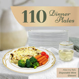 Reli. Disposable Plastic Plates, White & Gold Rim (110 Pcs, 10.25") | Hard Plastic Dinner Plate | Elegant, Heavy Duty Disposable Round Platters