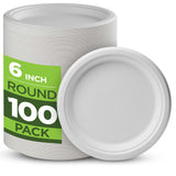 Munfix 100% Compostable Paper Plates 100 Pack, 6 Inch Heavy Duty Biodegradable Microwavable Disposable White Dessert Plates, Made of Eco-Friendly