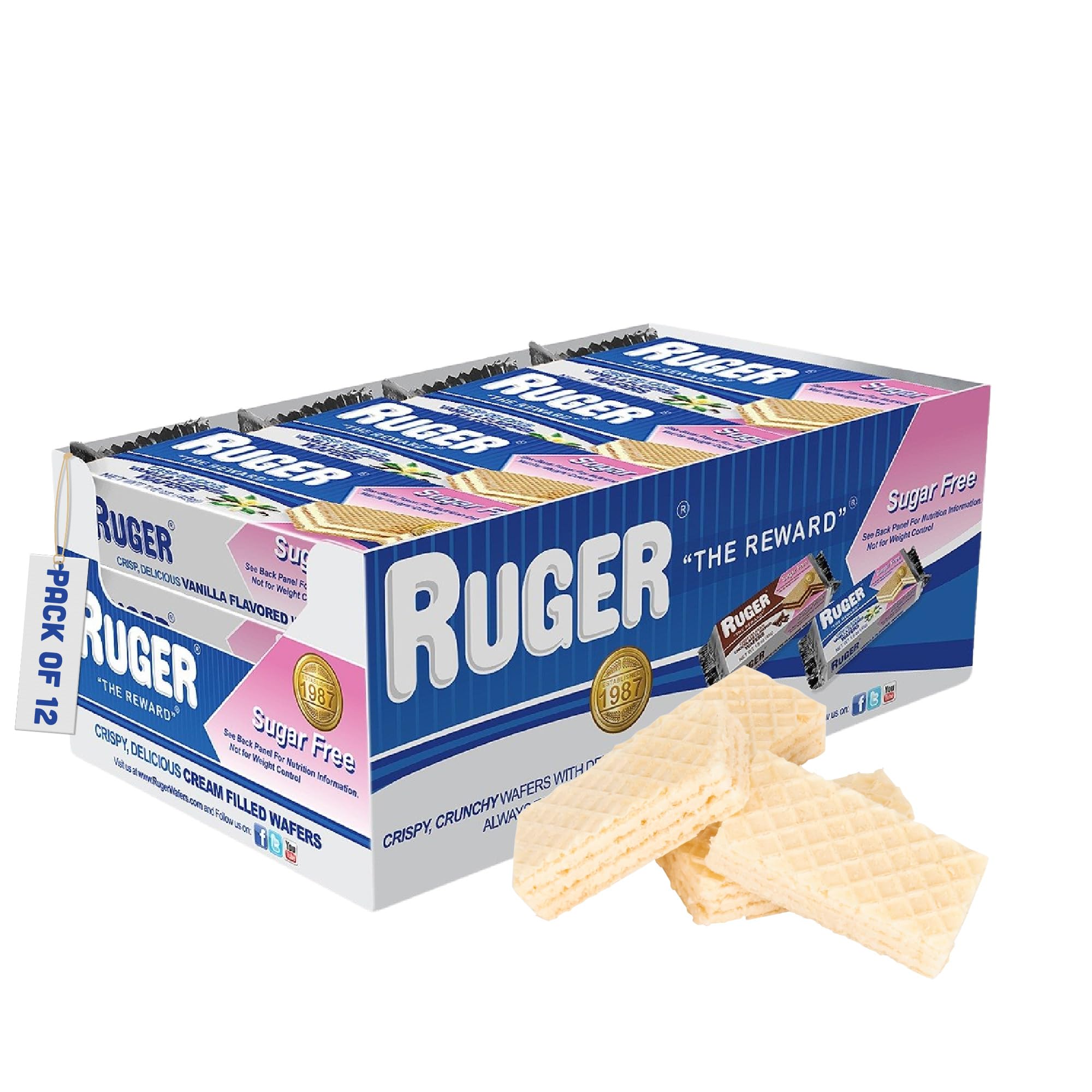RUGER Sugar-Free Vanilla Wafers 1.6 Ounce (Pack of 12) - Delightfully Crisp & Creamy Treats - Natural Ingredients, Non-GMO, Vegan, No Artificial