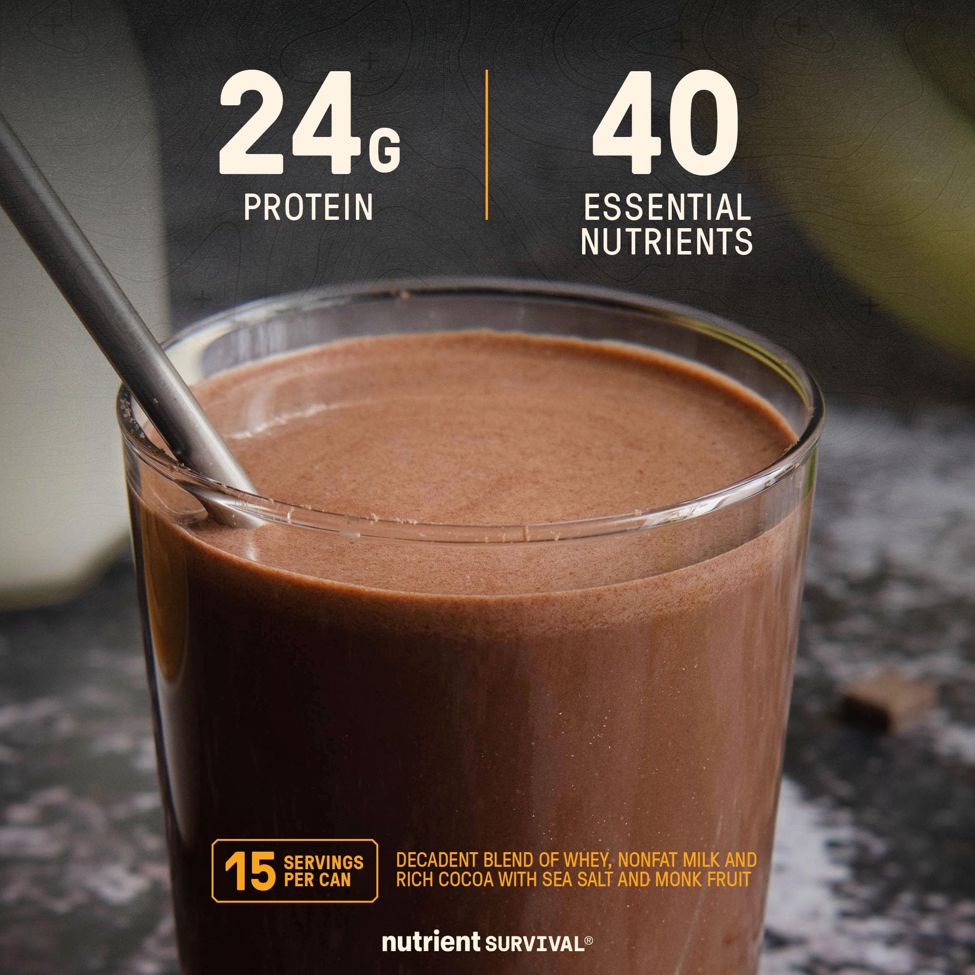 Nutrient Survival Whey Protein Powder Shake Chocolate Shake Gluten-Free, High-Protein Breakfast or Meal Replacement Shake, Perfect Dark Chocolate