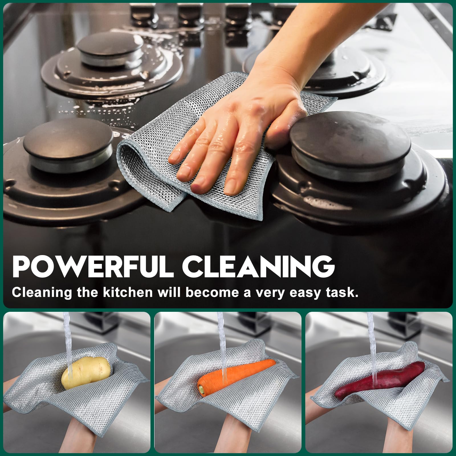 VMKBL 12 Pcs New Upgraded 3 Layers Non Scratch Wire Dishcloth, Multipurpose Wire Dishwashing Rags, Wet & Dry for Cookware, Sinks, Dishes, Stoves