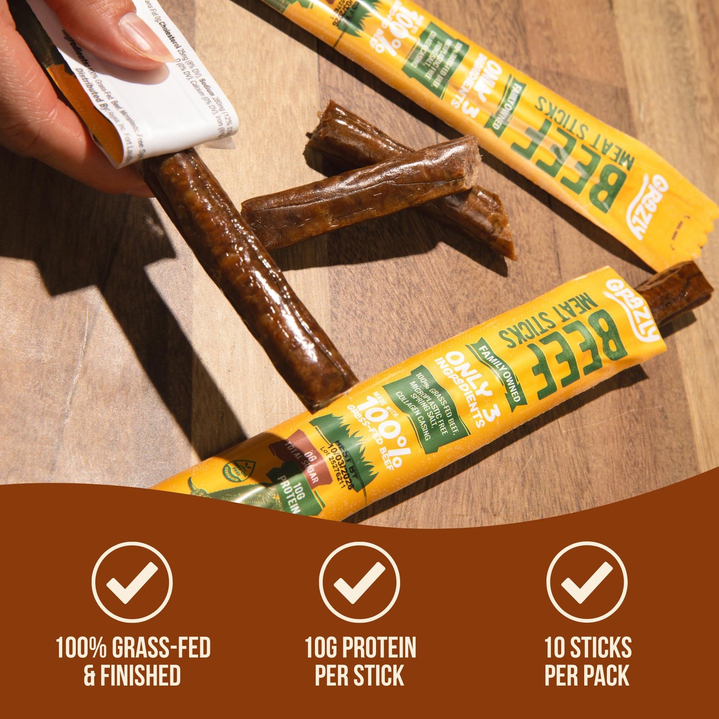 Grazly Grass-Fed Beef Sticks - Made with Only Beef, Spring Salt & Collagen Casing - Clean, High-Protein Jerky Sticks w/ 10g Protein Per Stick (1 oz