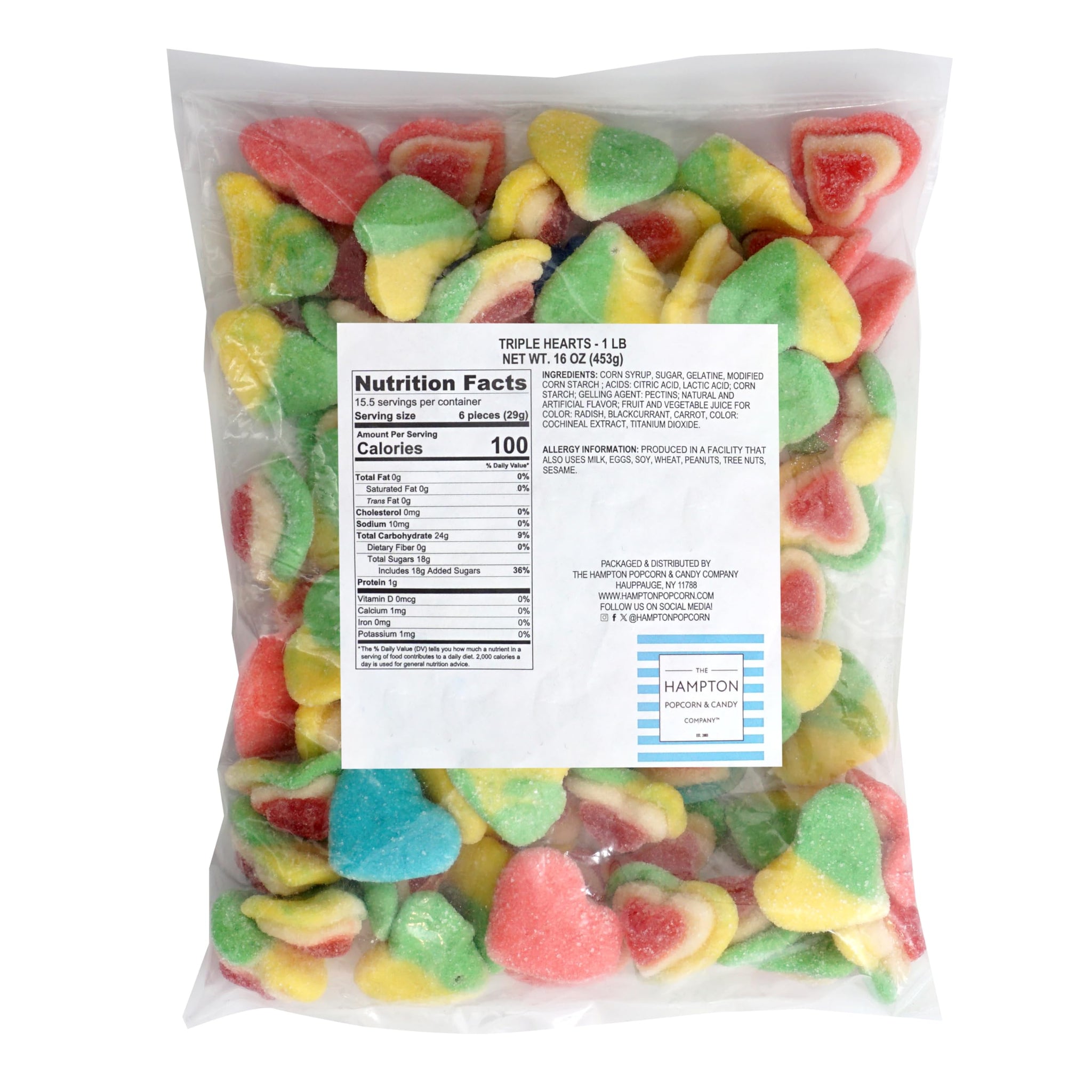 Triple Heart Candy Gummies, 1 Pound Bulk Bag, Heart Candy, Valentines Candy, The Hampton Candy Company