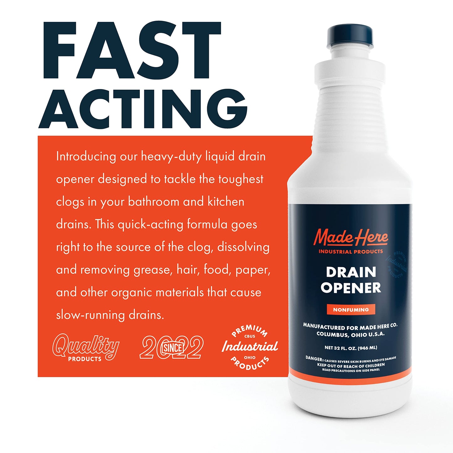 Made Here Co. - Quick-Acting Liquid Drain Opener - Dissolves Grease, Hair, Food & More - Prevents Plumbing Problems - Non-Fuming, No Acid or Bleach