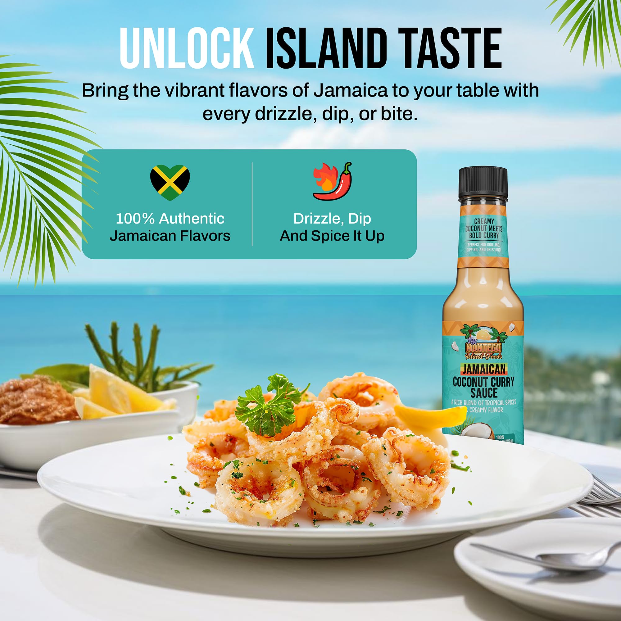 Montego Island Foods Jamaican Coconut Curry Sauce - New Enhanced Recipe with Real Coconut Cream, Fresh Lime Juice, Red Bell Pepper Powder & Authentic