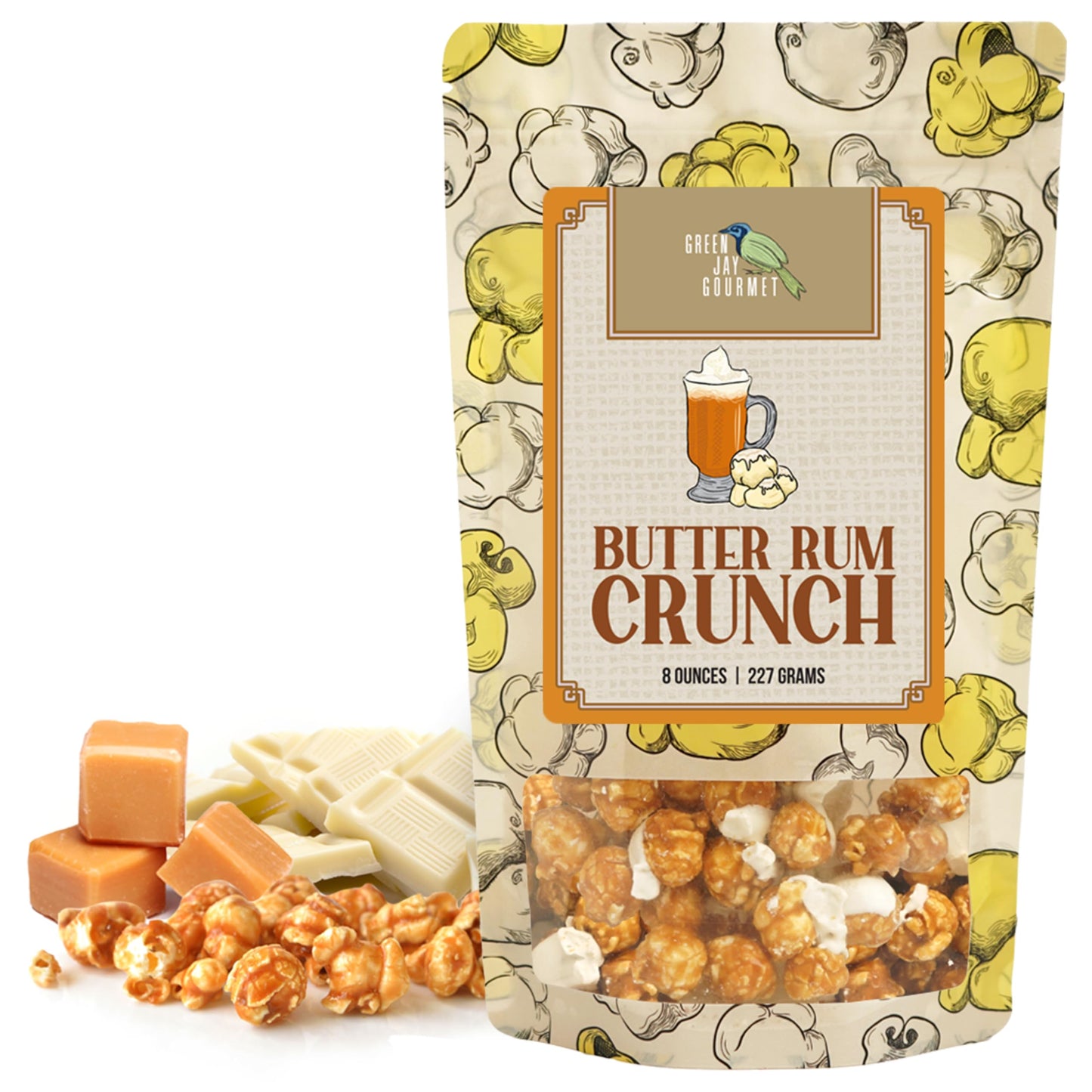 Green Jay Gourmet Popcorn - Butter Rum Crunch Caramel Popcorn - Handmade & Fresh Chocolate & Caramel Corn - Great Gift for Chocolate Lovers - 8 Ounce