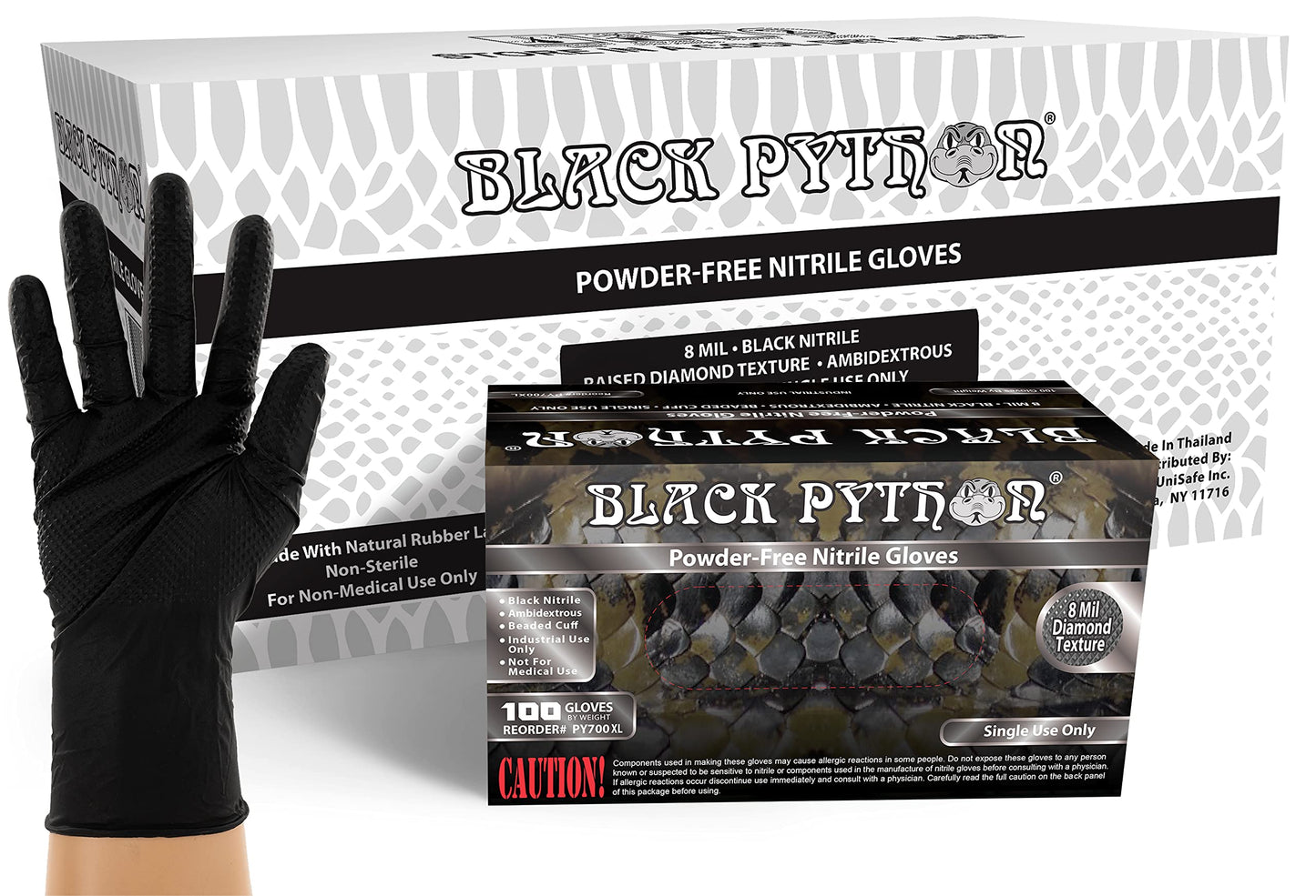 BLACK PYTHON HD 8 MIL Nitrile Disposable Gloves, Latex & Powder Free, Industrial, Raised Diamond Texture, Case/1000, X-Large