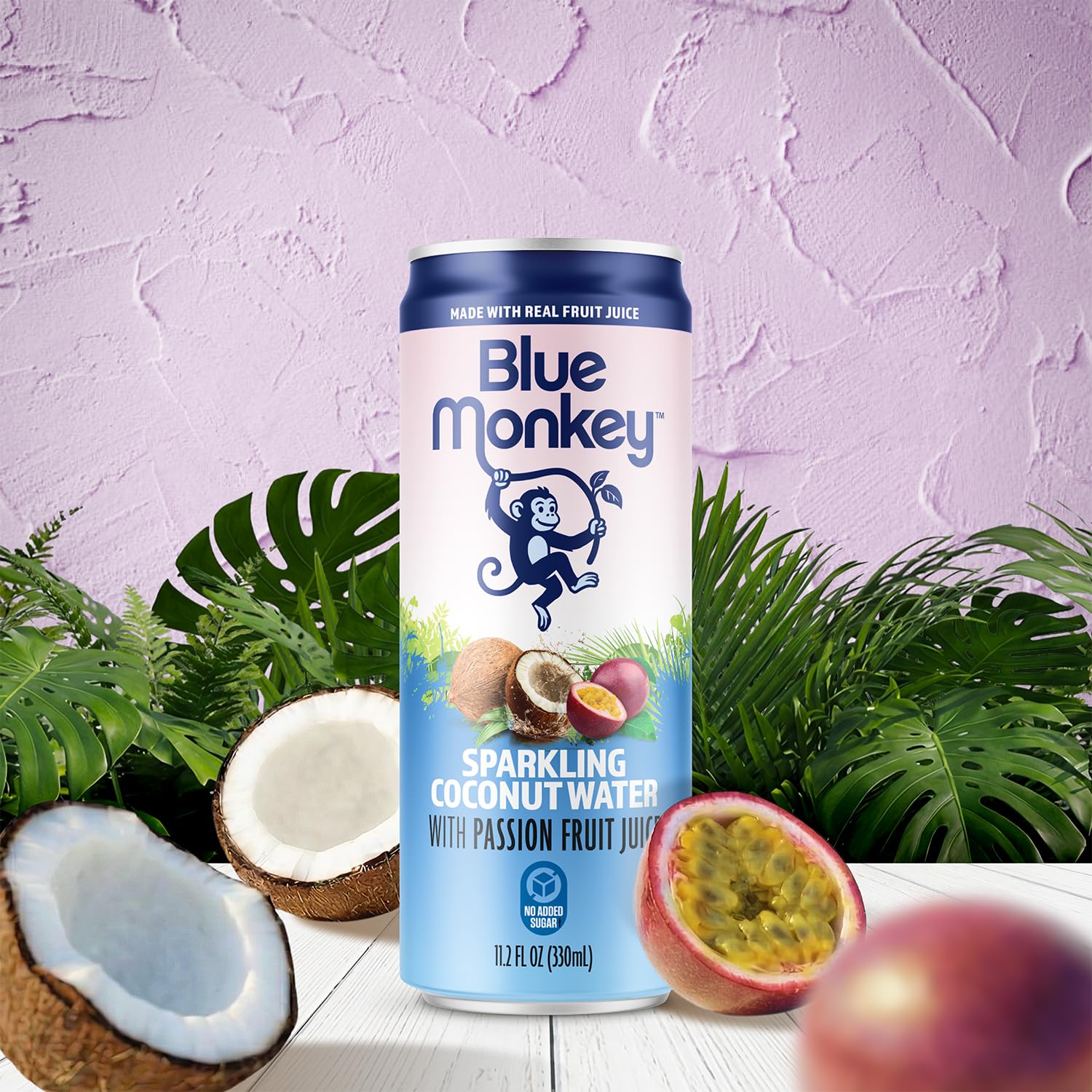 Blue Monkey Sparkling Coconut Water with Passion Fruit - 99.7% Coconut Water & Juice Blend - No Sugar Added, All Natural, Shelf Stable - Lightly
