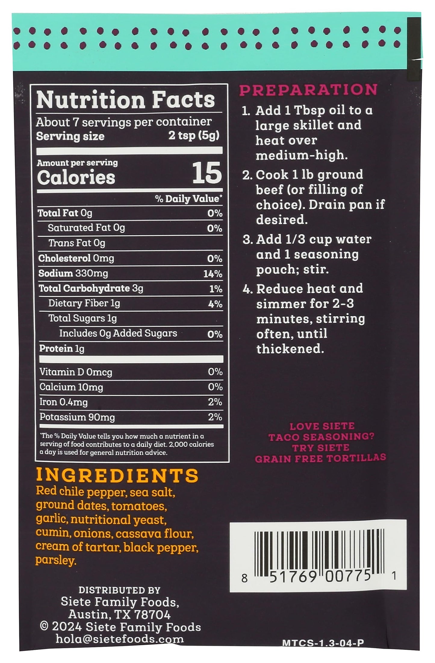 Siete Mild Taco Seasoning Mix | Gluten Free | Vegan | Paleo | Preservative Free | Whole 30 Approved (1 Packet)