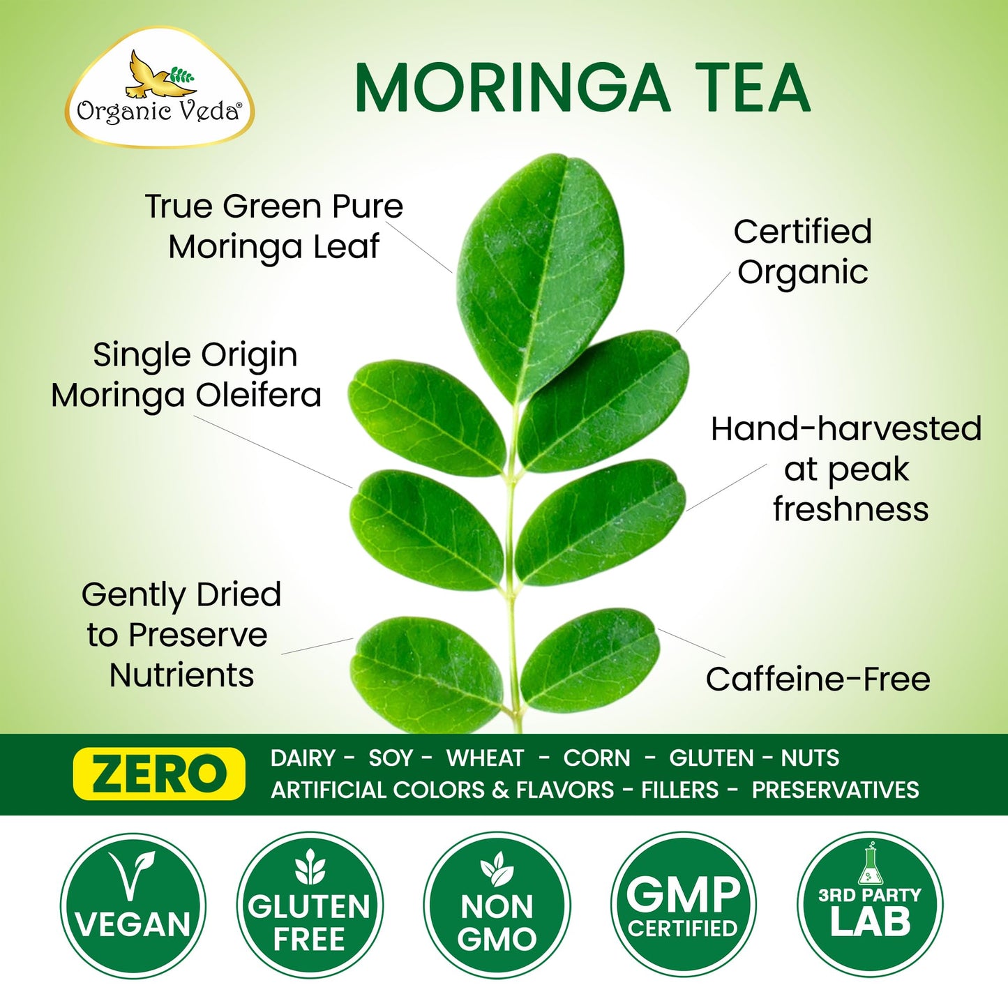 Organic Veda Moringa Tea 60 Pyramid Bags - True Green Single Origin USDA Organic Moringa Leaf Tea - cleanse, digest, metabolism, energy - Premium