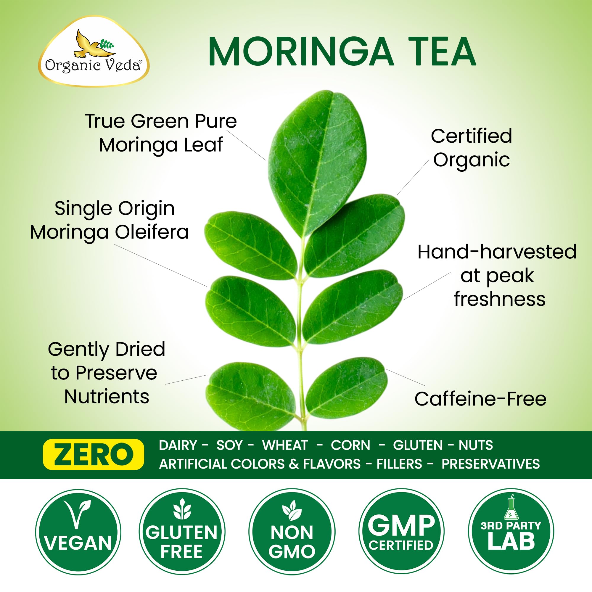 Organic Veda Moringa Tea 60 Pyramid Bags - True Green Single Origin USDA Organic Moringa Leaf Tea - cleanse, digest, metabolism, energy - Premium