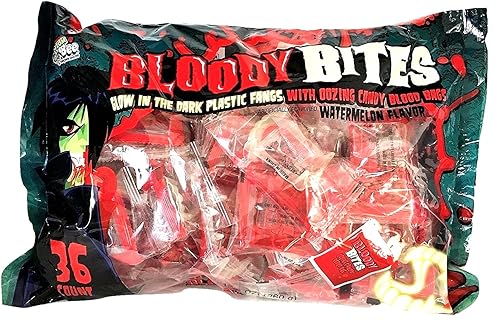 Bloody Bites Glow In The Dark Plastic Fangs With Oozing Candy Blood Bags Watermelon Flavor 36 Count Bag