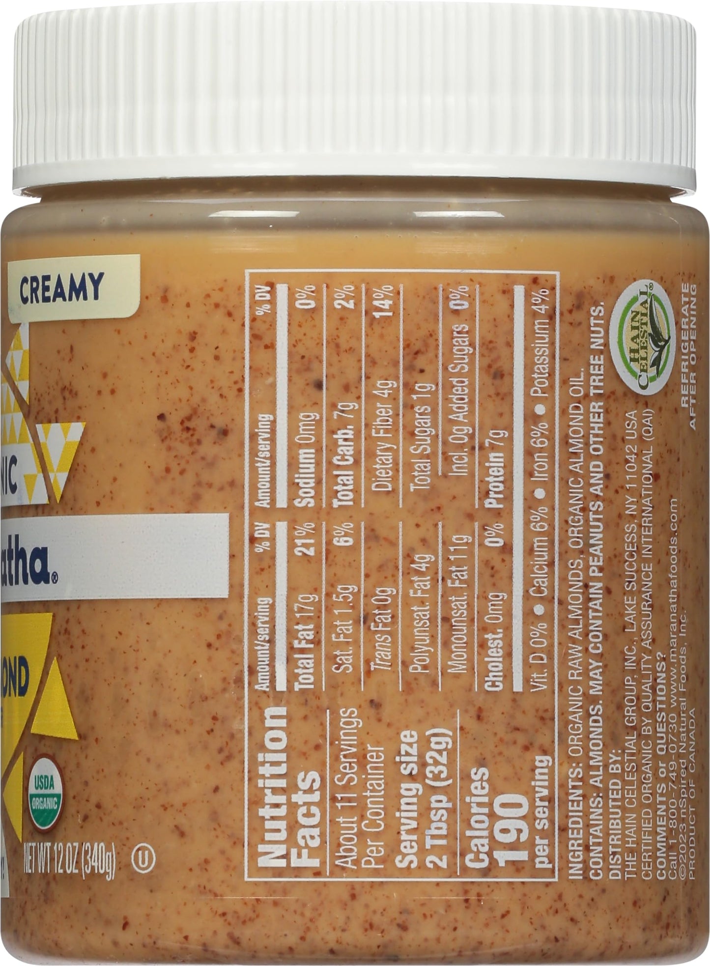 MaraNatha Organic Creamy Raw Almond Butter, 12 Ounce Jar