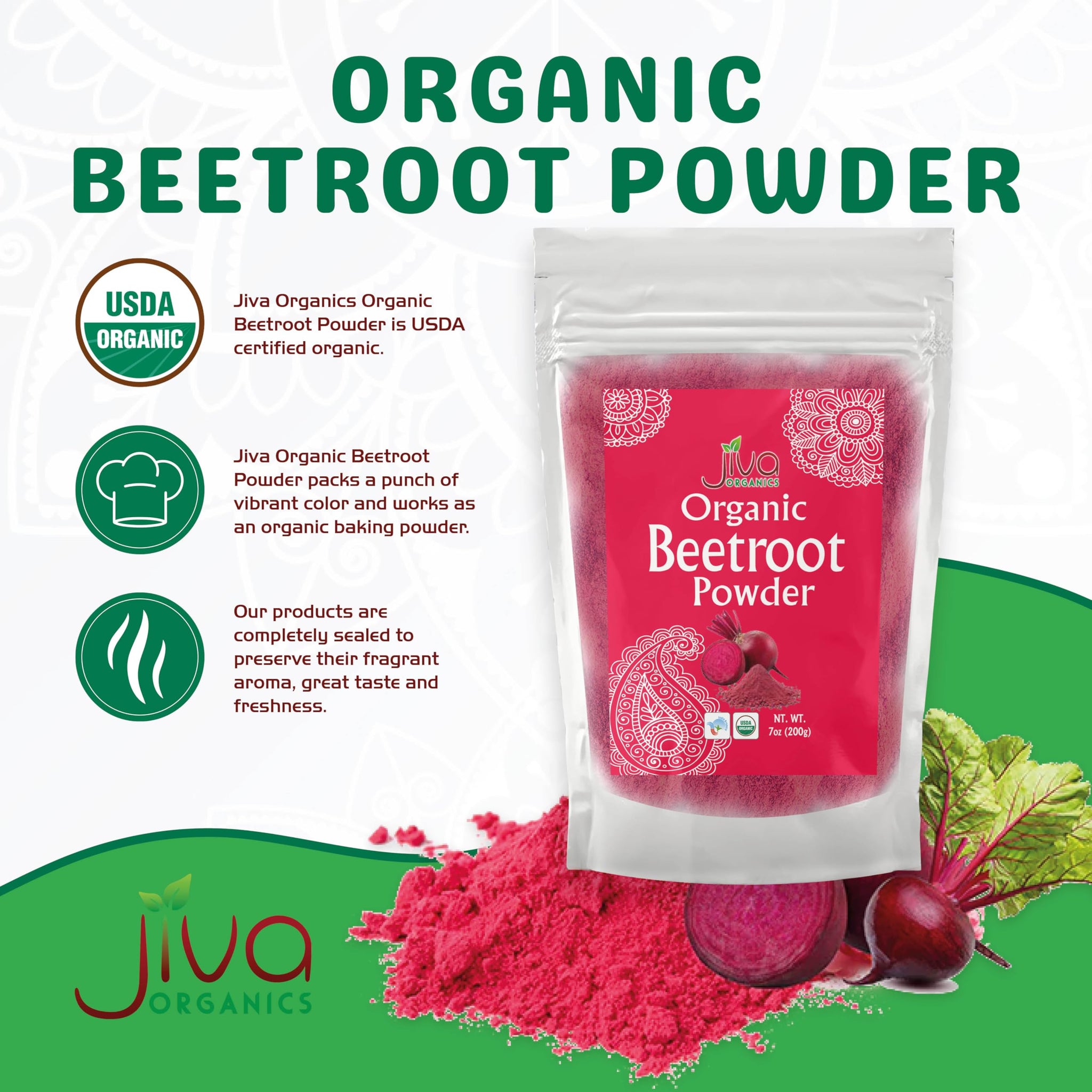 Jiva Organics Beet Root Powder 7 Oz Bag - for Baking & Smoothies - Pure & Natural, Non-GMO, Vegan