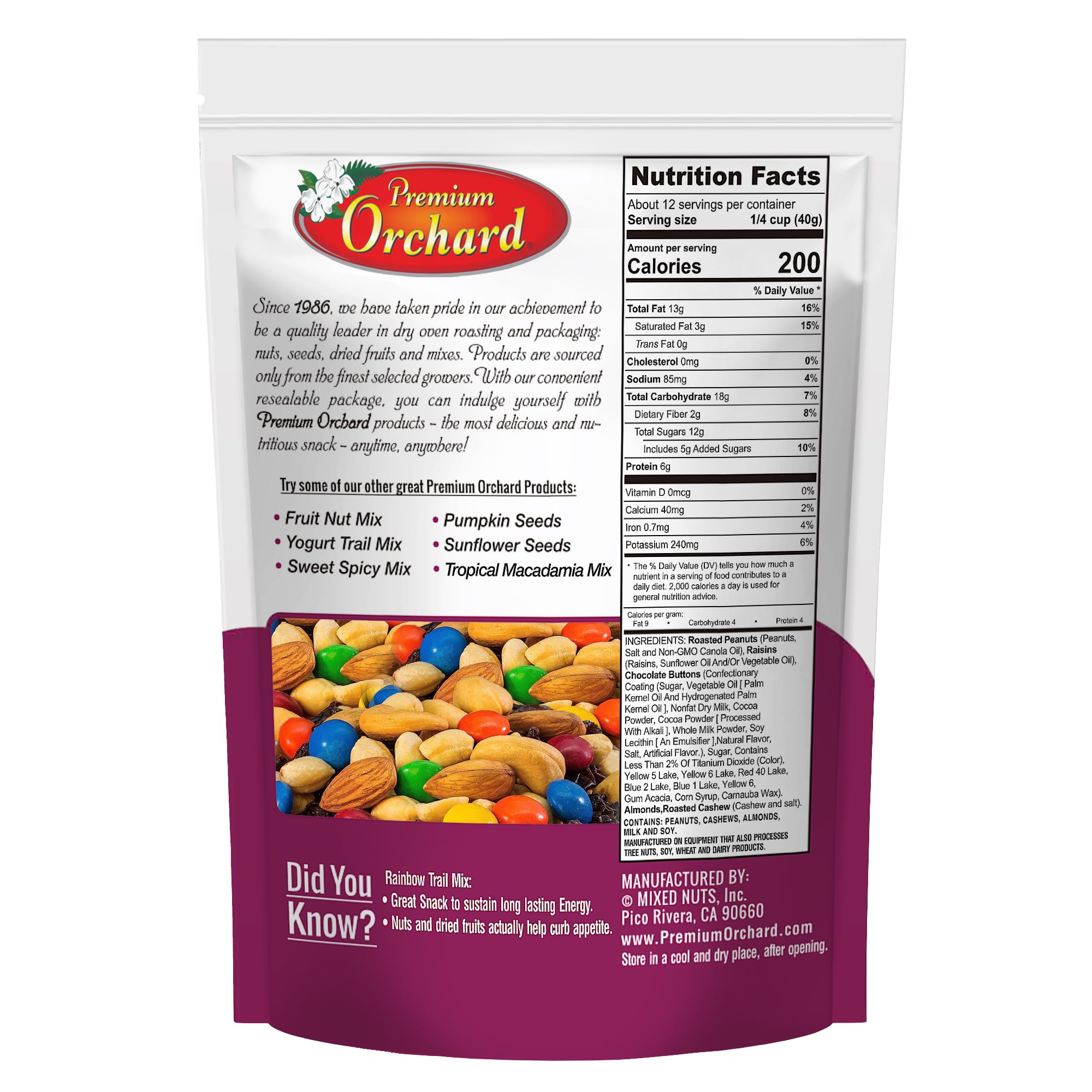 MIXED NUTS Rainbow Trail Mix by Premium Orchard - Healthy Trail Mix Variety Pack Peanuts Raisins Cashews Almonds Chocolate Buttons Heart Healthy
