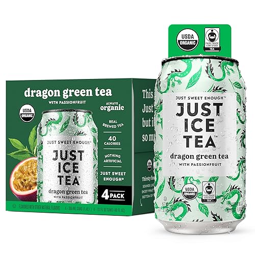 Just Ice Tea, Dragon Green Iced Tea, 4-Pack (12oz Cans), Green Tea, USDA Certified Organic, Real Brewed, Low Calorie, No Artificial Sweeteners, Fair