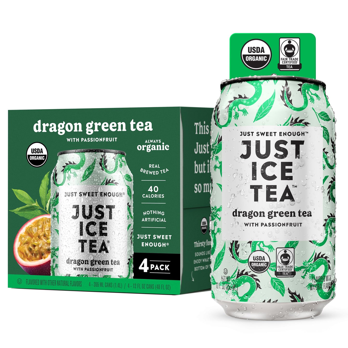 Just Ice Tea, Dragon Green Iced Tea, 4-Pack (12oz Cans), Green Tea, USDA Certified Organic, Real Brewed, Low Calorie, No Artificial Sweeteners, Fair