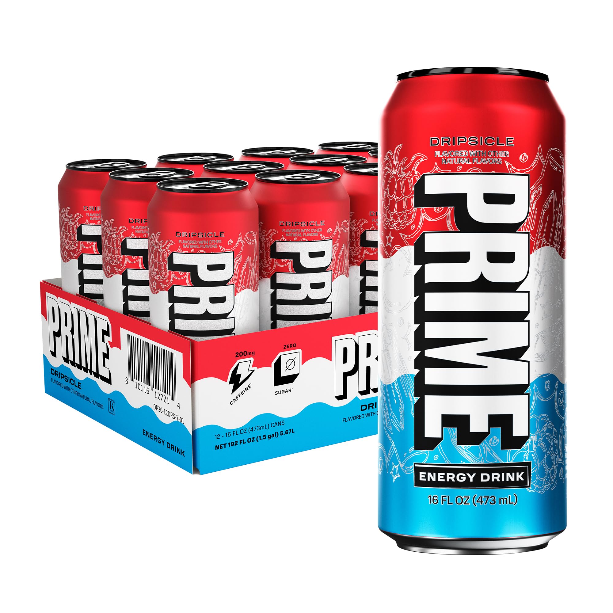 PRIME Energy DRIPSCICLE, Sugar Free Energy Drink, 200mg Caffeine and 355mg of Electrolytes for Hydration, Low Calorie, Vegan, Gluten Free, 16 Fluid
