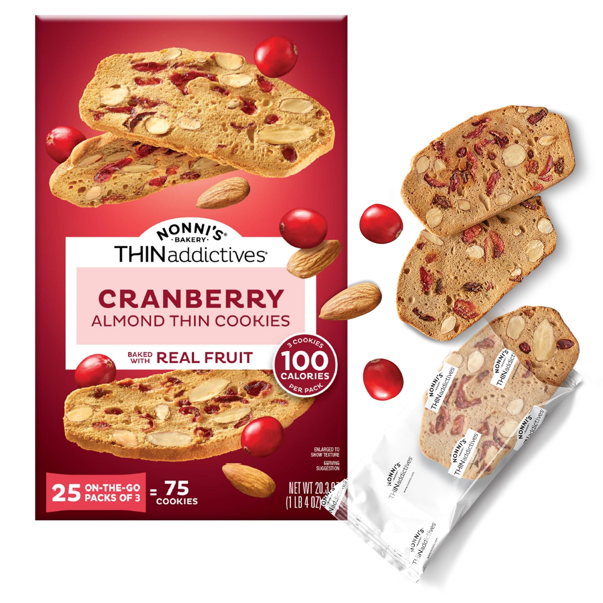 Nonni's Thinaddictives Cranberry Almond Thin Cookies, 75 Cookies, 20.3 oz, 100 Calories per Pack