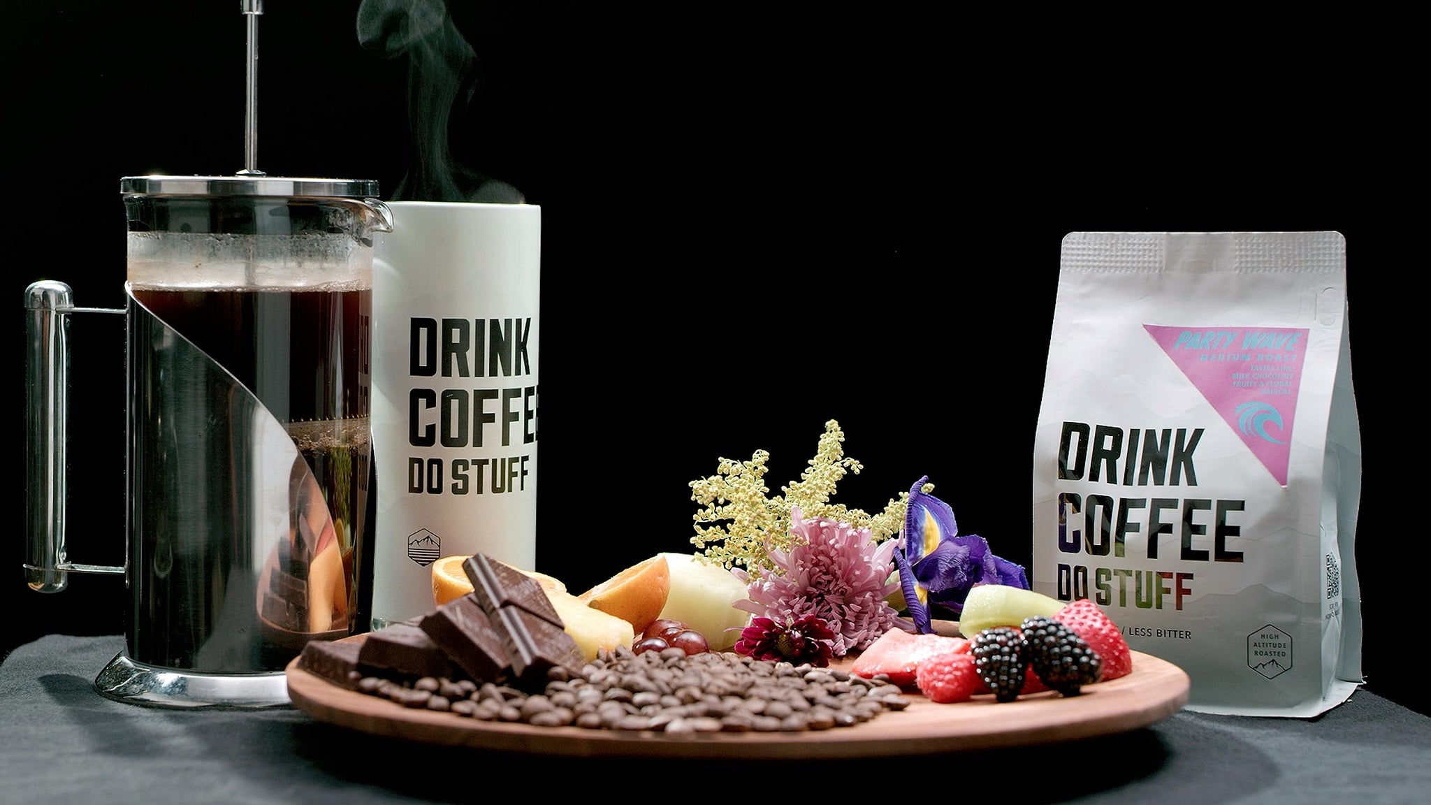 DRINK COFFEE DO STUFF, Party Wave, Whole Bean, Medium Roast, Sweet, Chocolate, Caffeine, Organic, Lake Tahoe Coffee