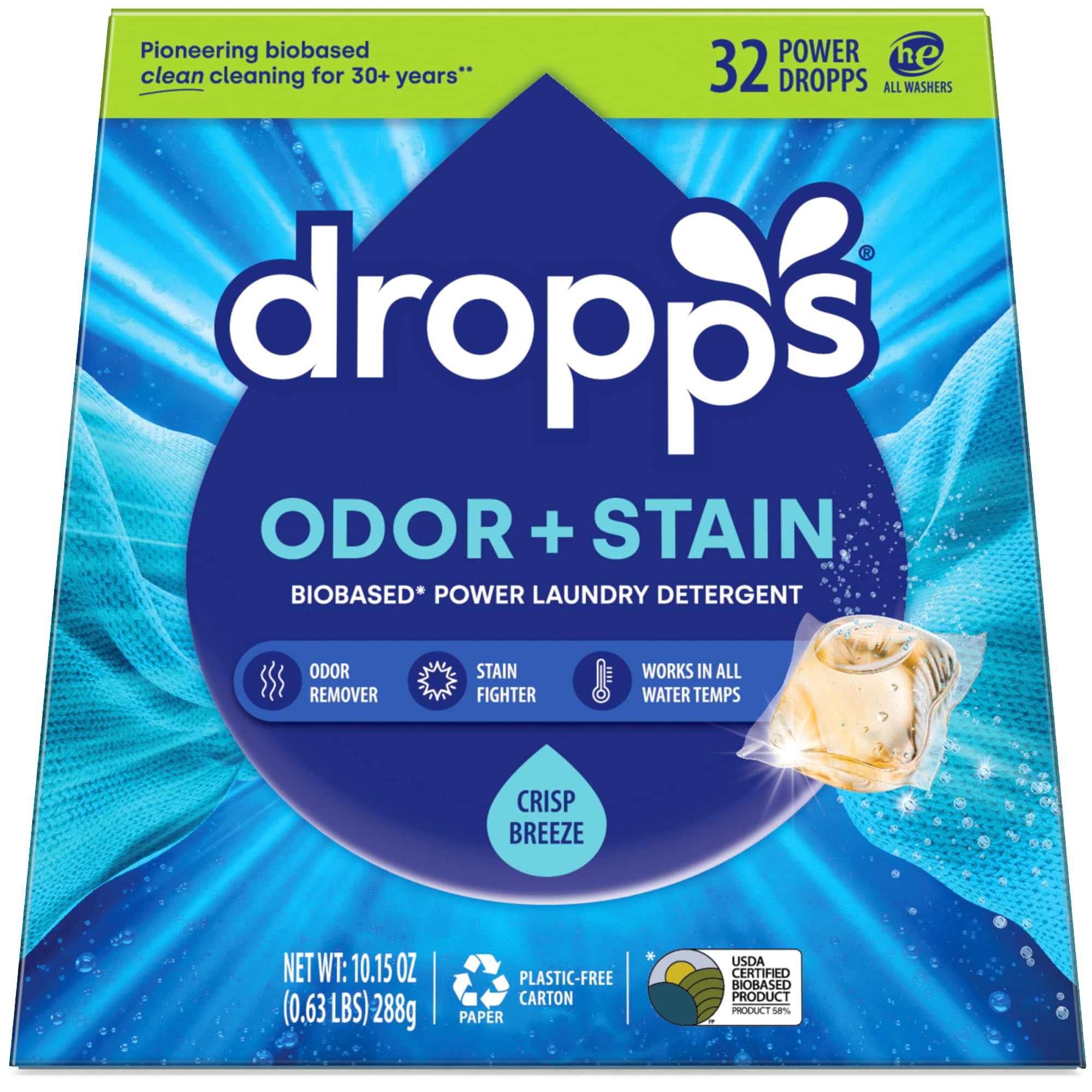 Dropps Odor & Stain Laundry Detergent Pods, Crisp Breeze (32 Count) - Powerful Laundry Pods | Complete Clean Laundry Soap | Fights Odors & Stains |