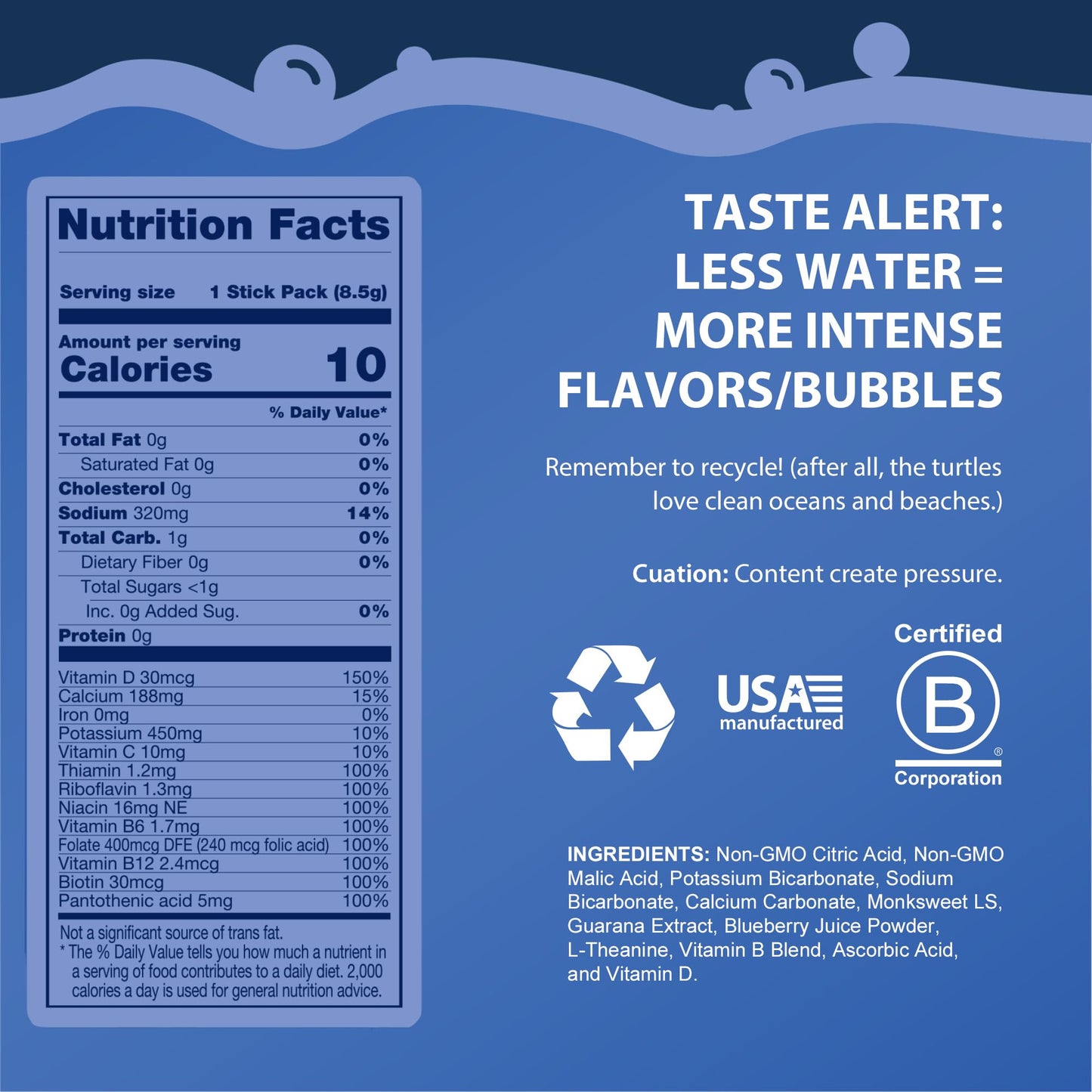 Bobelo Self Carbonating, Clean Energy + Hydration Electrolytes Powder Drink Mix, Coconut Berry Blitz, 100mg Guarana Caffeine, Sugar Free, 15 Pack