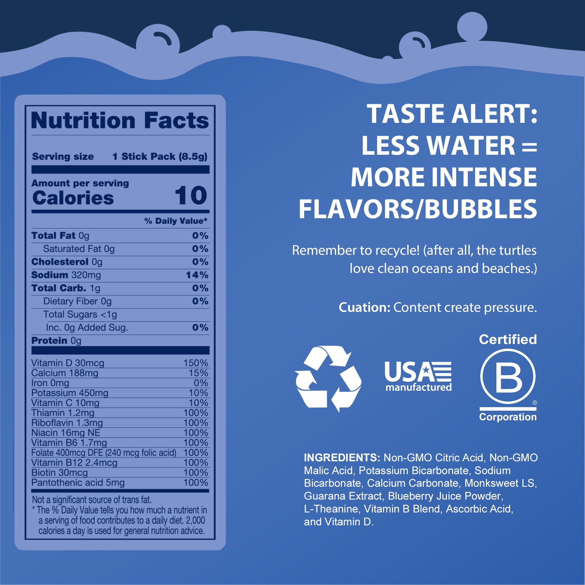 Bobelo Self Carbonating, Clean Energy + Hydration Electrolytes Powder Drink Mix, Coconut Berry Blitz, 100mg Guarana Caffeine, Sugar Free, 15 Pack