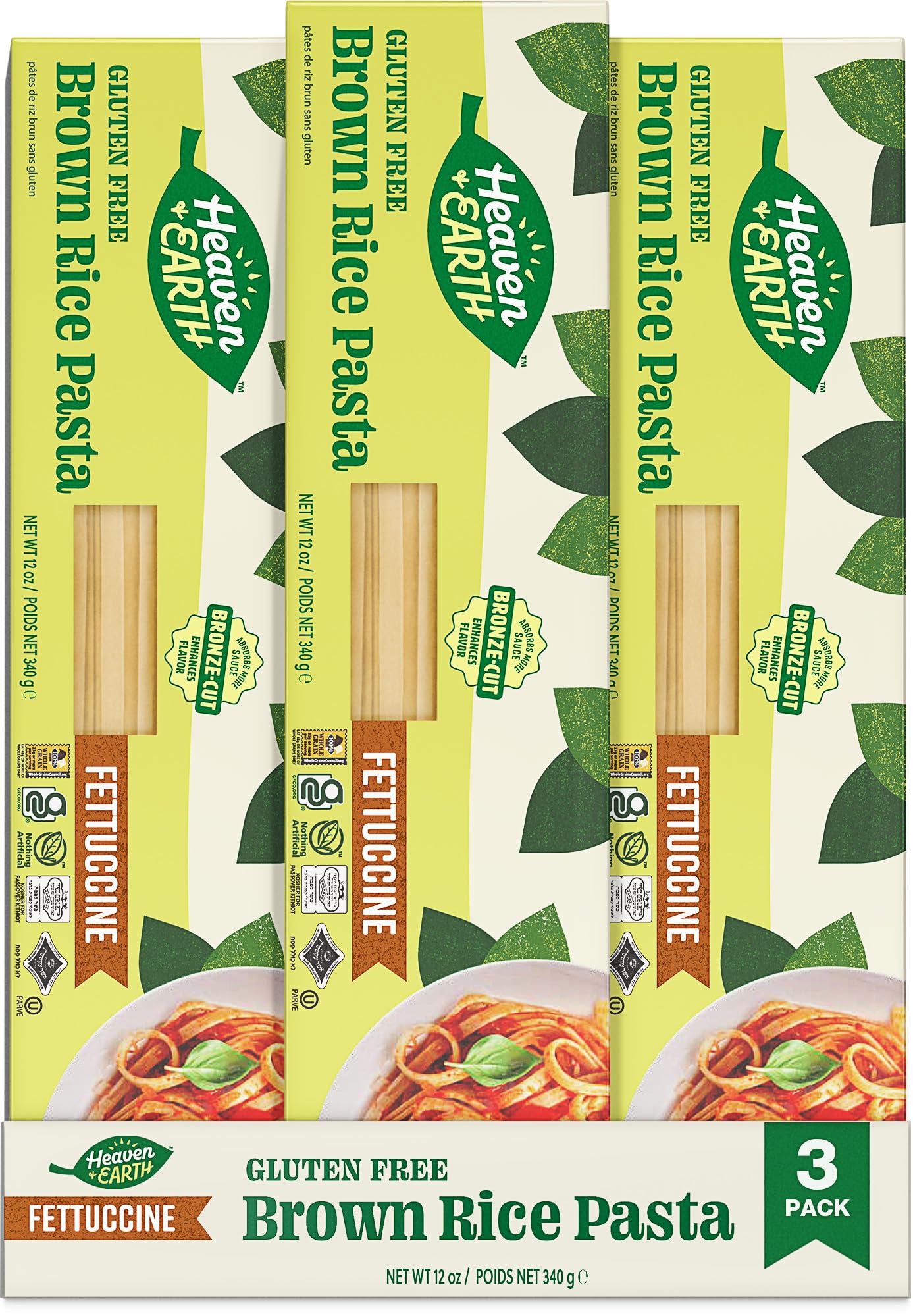 Heaven & Earth Gluten Free Brown Rice Pasta Fetuccinni, 12oz (3 Pack) | Great Texure | Real Pasta Taste & Mouthfeel | Whole Grain Gluten Free Pasta | Linguine Style | Kosher
