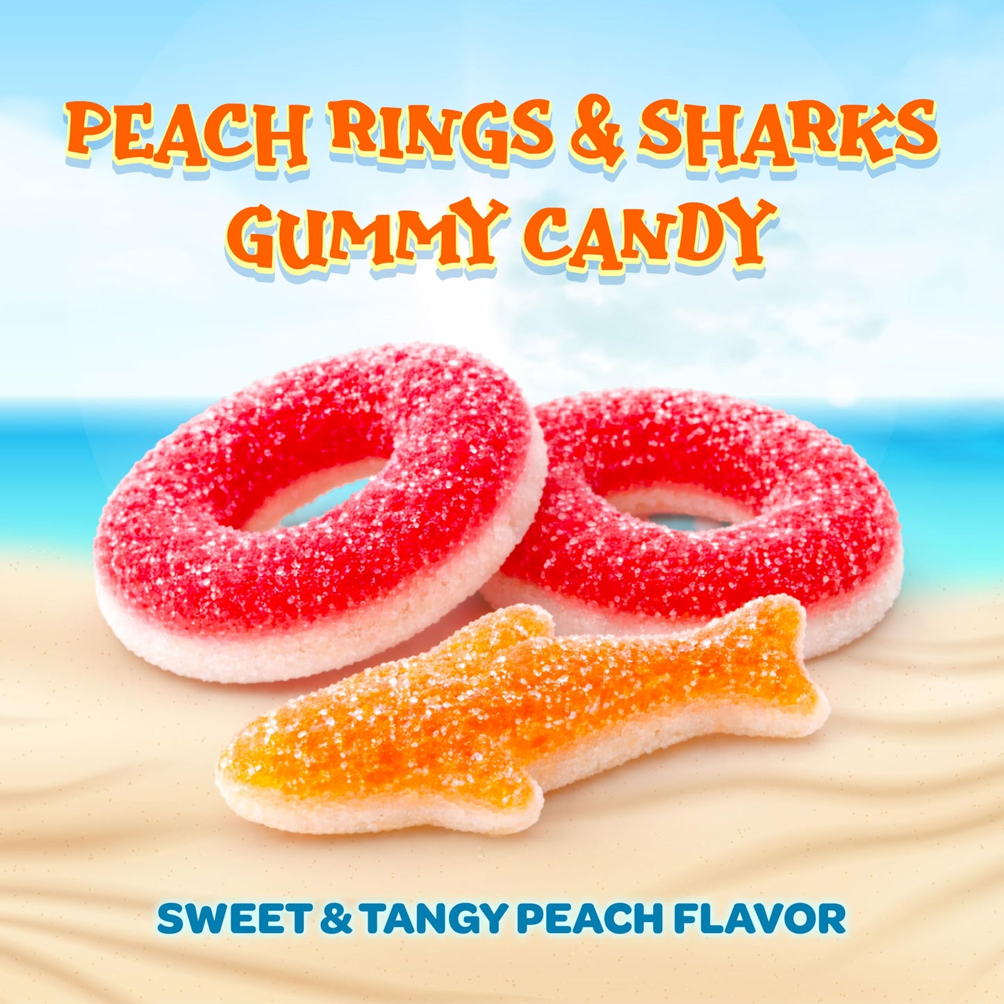 Peach Rings, Gummy Sharks | 2-Pound Bag | Gummy Candy Mix | Sweet & Sour Peach Candy for Goodie Bags & Themed Party Favors | Fun Twist on Classic