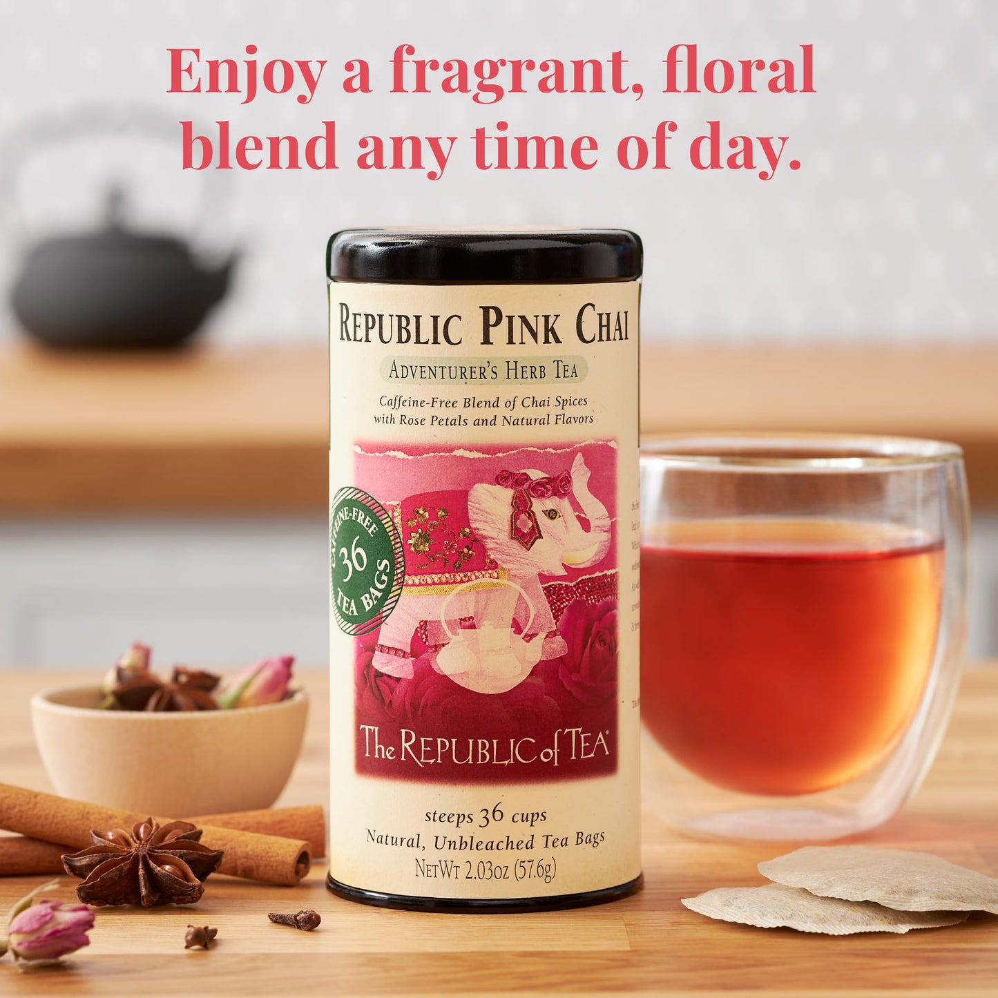 The Republic of Tea - Republic Pink Chai Herbal Tea Tin, 36 Tea Bags, Naturally Caffeine Free