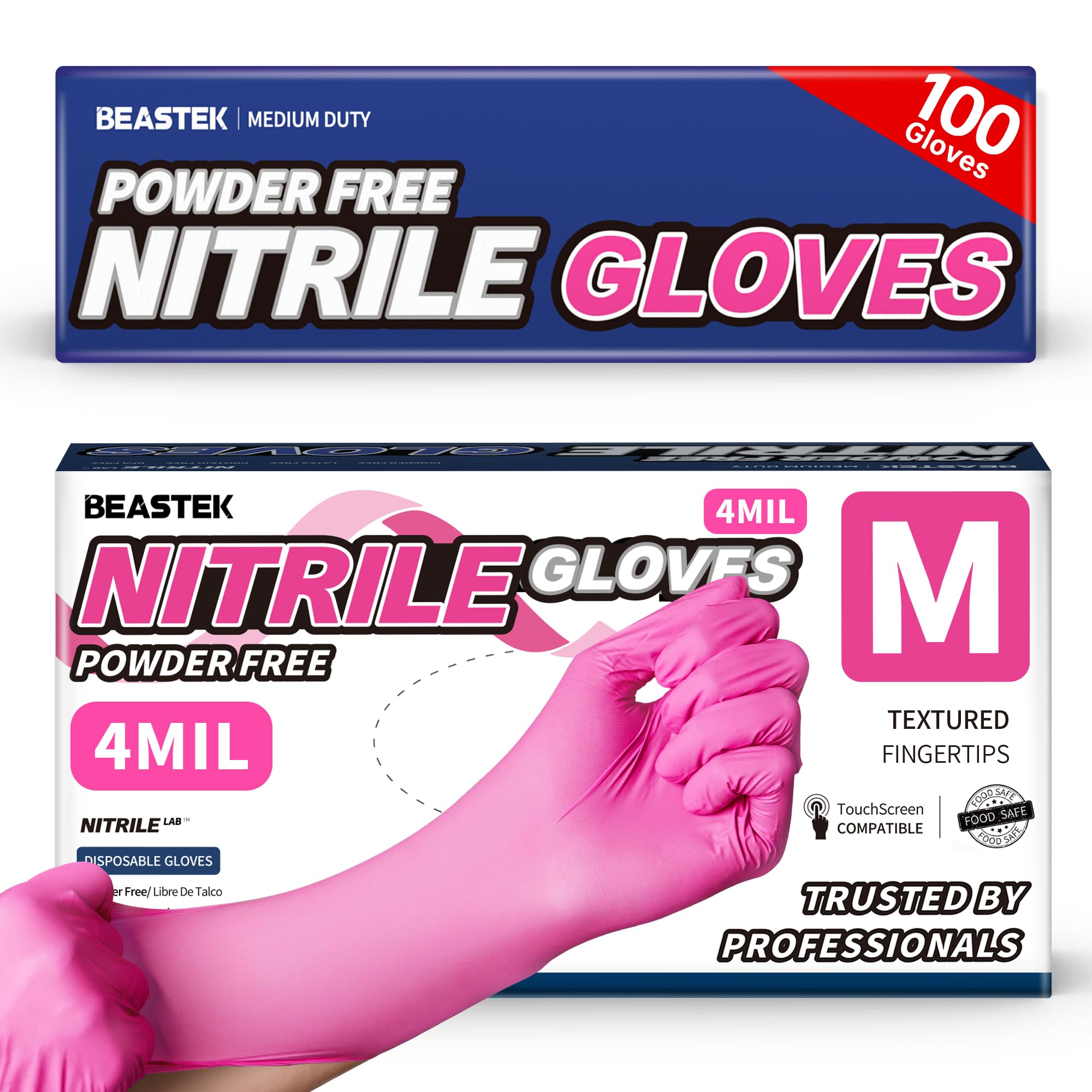 Beastek Nitrile Exam Gloves, 4 Mil 100 Pcs Powder-Free Latex-Free Medical Cooking Food-Safe Disposable Gloves, Hot Pink (Medium)