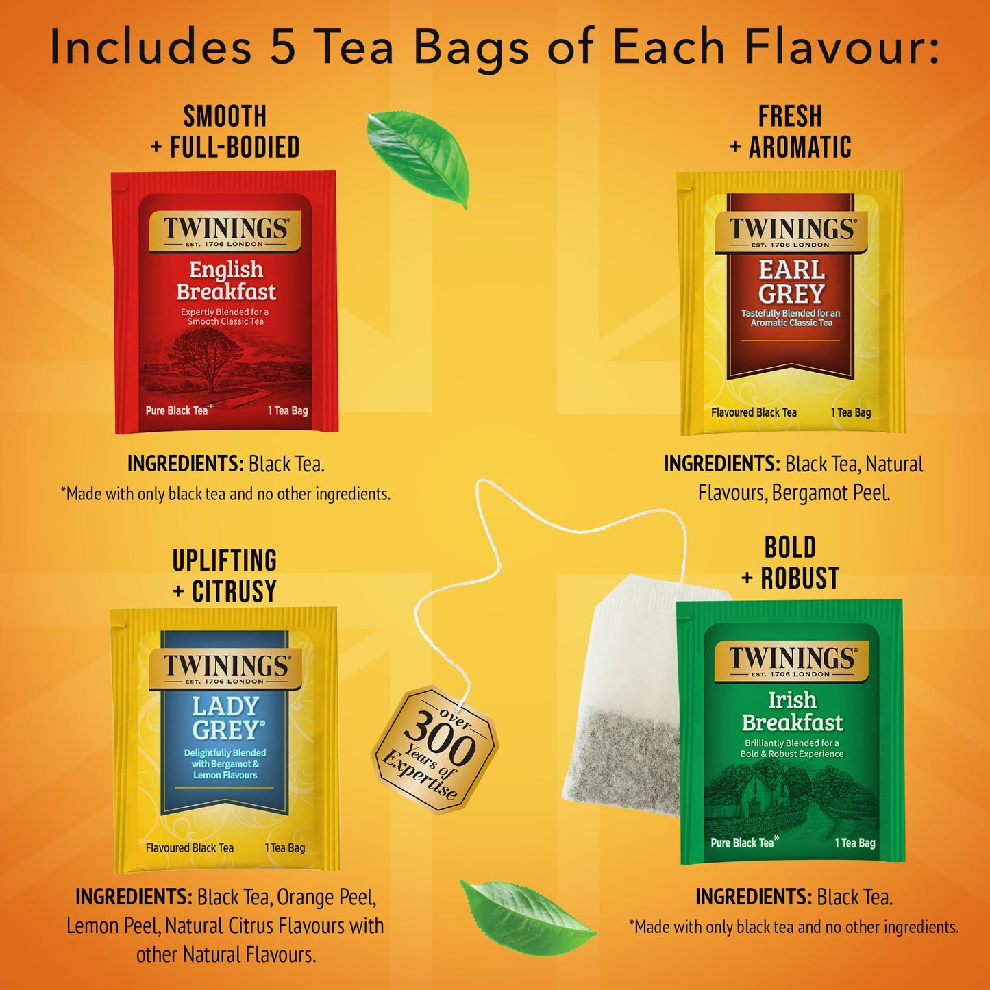 Twinings Variety Pack Black Tea Bags, 20 Count (Pack of 1), Includes English Breakfast, Earl Grey, Irish Breakfast, and Lady Grey, Caffeinated, Enjoy