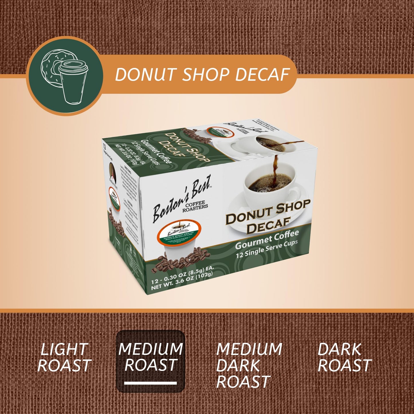 Boston’s Best - Hearty Donut Shop Decaf Medium Roast Coffee, Delicious Gourmet Compatible with Keurig Coffee Maker, 1 Count (12 Single Serve Cups)