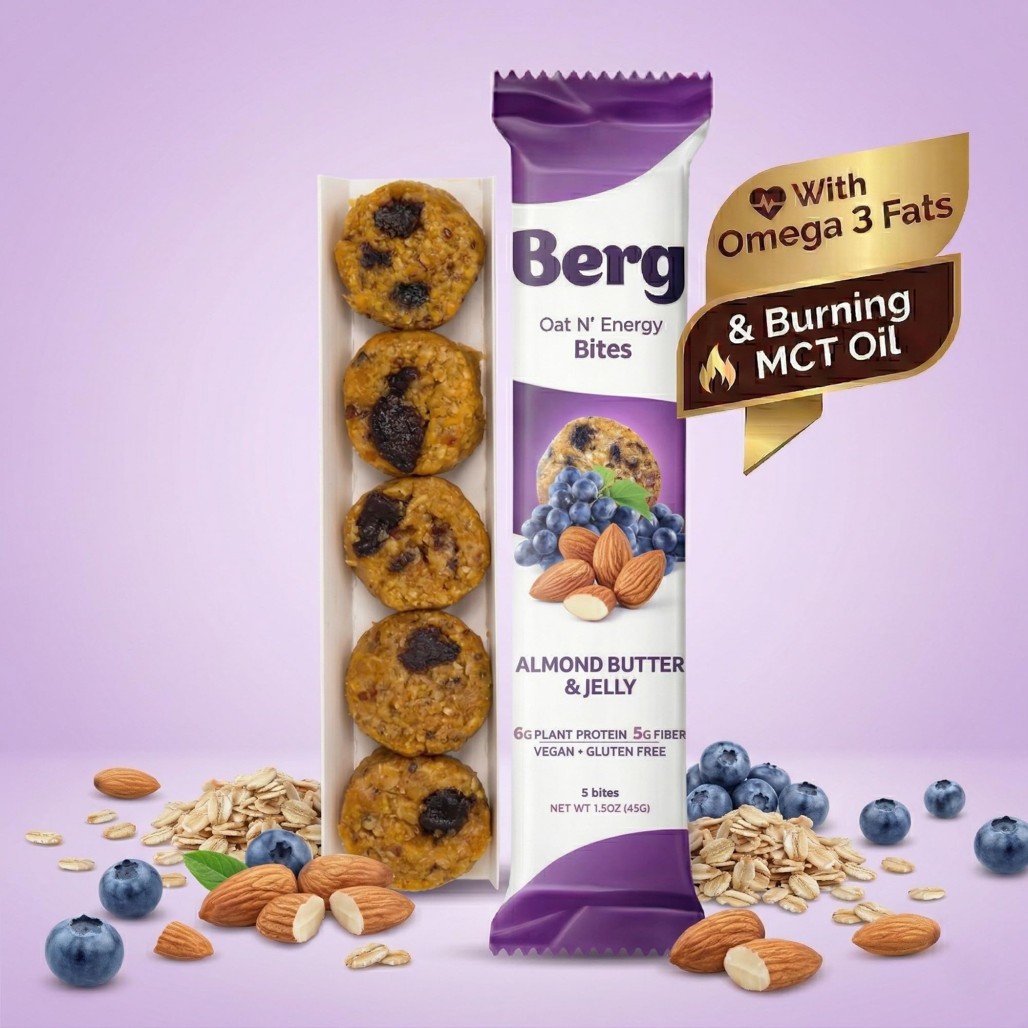 Berg Bites Plant-Based Almond Butter & Jelly Bites, Vegan, Gluten-Free, 6g Protein, 5g Fiber, Energy Snack Box - Clean Energy Healthy Snack Bar